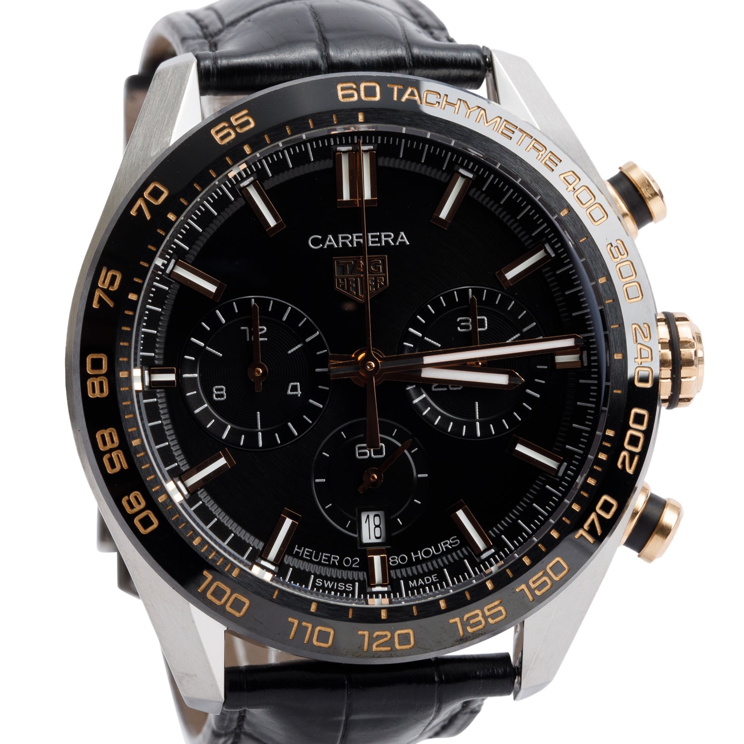 Tag Heuer Stainless Steel & 18k Rose Gold Carrera 44 MM Automatic Chronograph Watch Black Dial CBN2A5A w/ Box & Papers