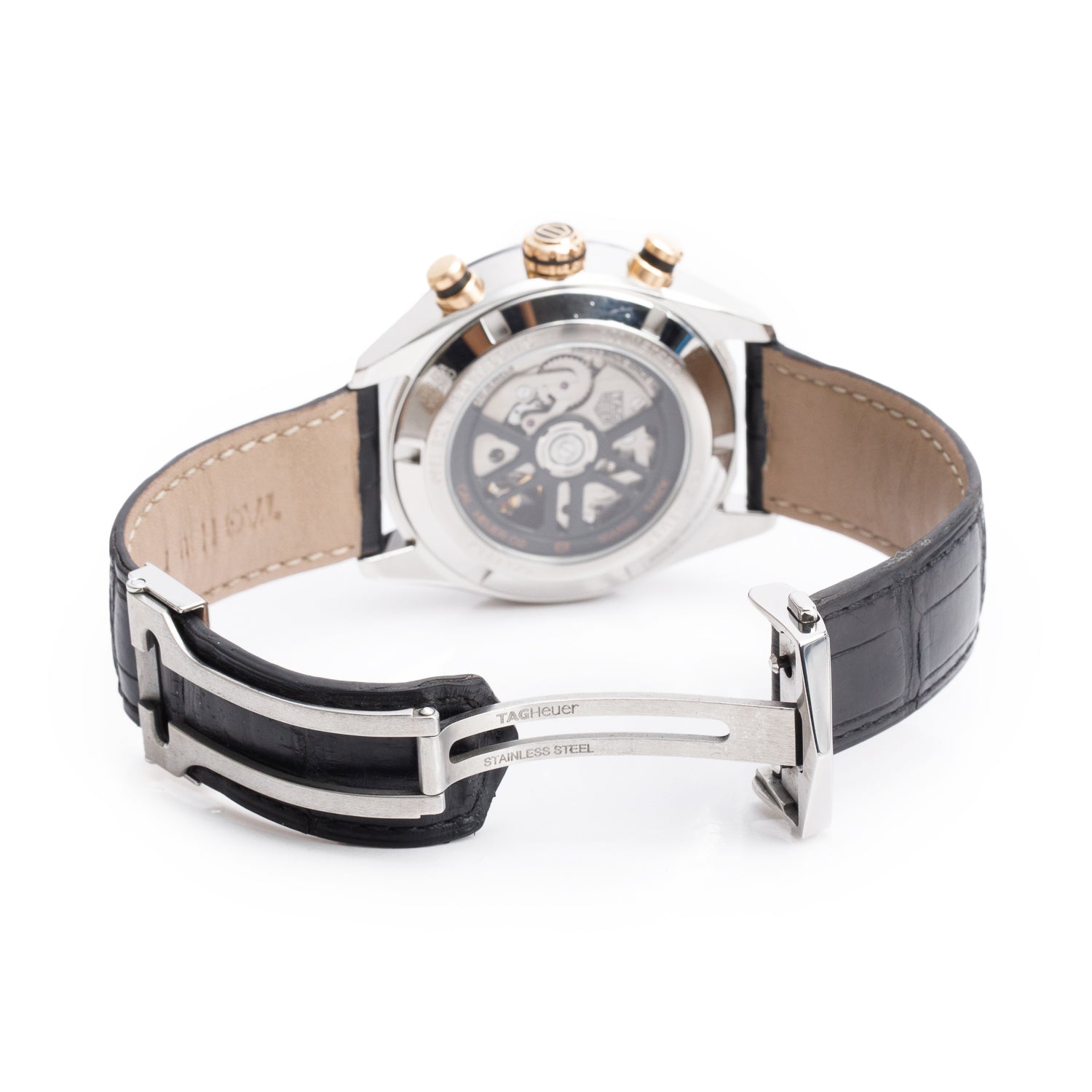 Tag Heuer Stainless Steel & 18k Rose Gold Carrera 44 MM Automatic Chronograph Watch Black Dial CBN2A5A w/ Box & Papers