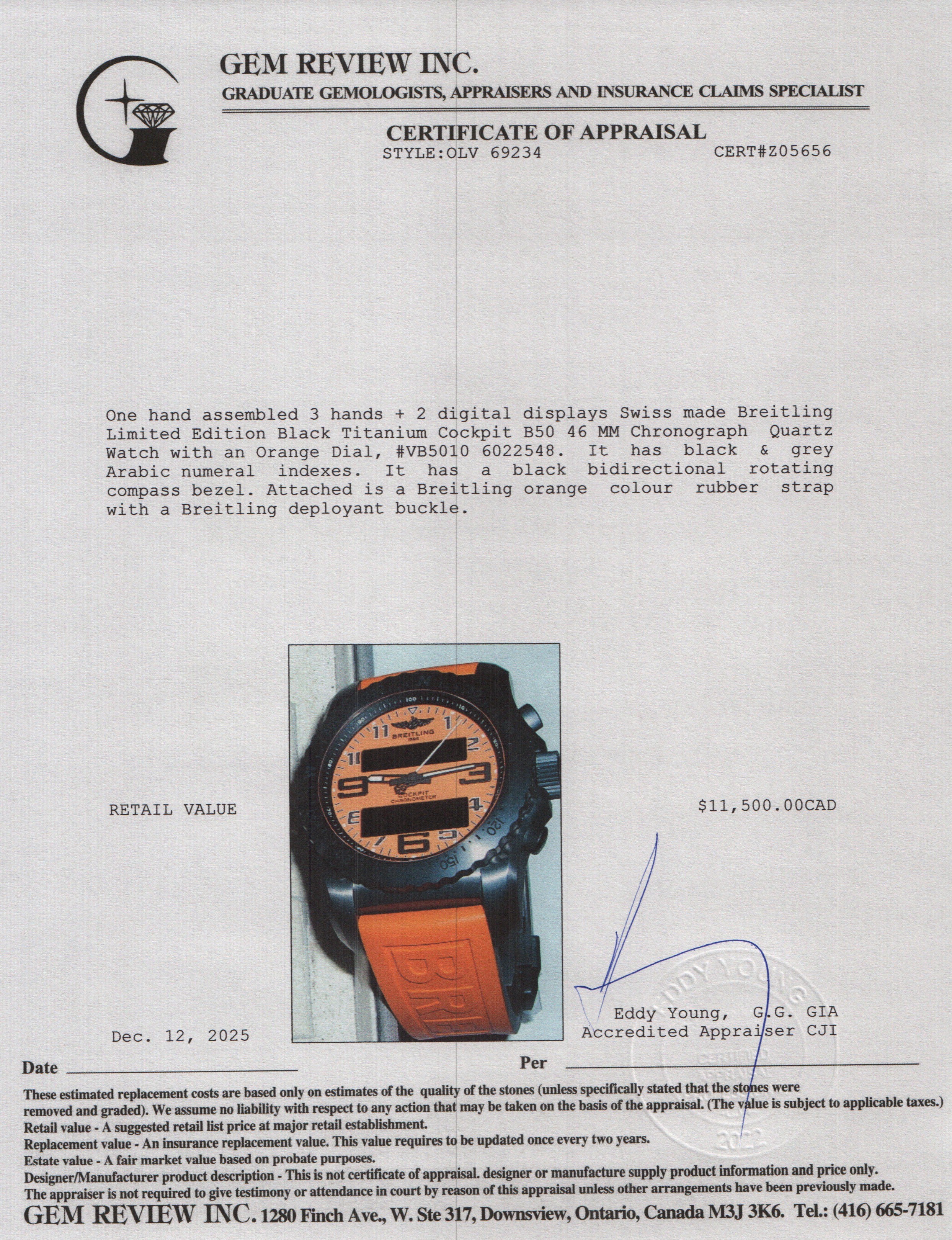 Breitling Limited Edition Black Titanium Cockpit B50 46 MM Chronograph Quartz Watch Orange Dial VB5010 w/ Box, Papers & Charger