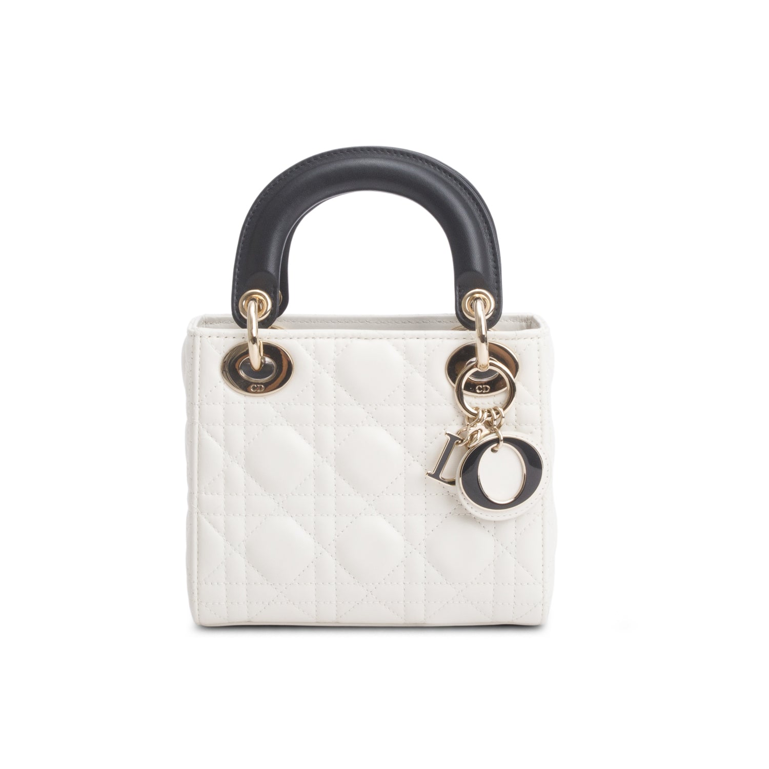 Christian Dior 2024 White Black Lambskin Cannage Mini Lady Dior w/ Strap