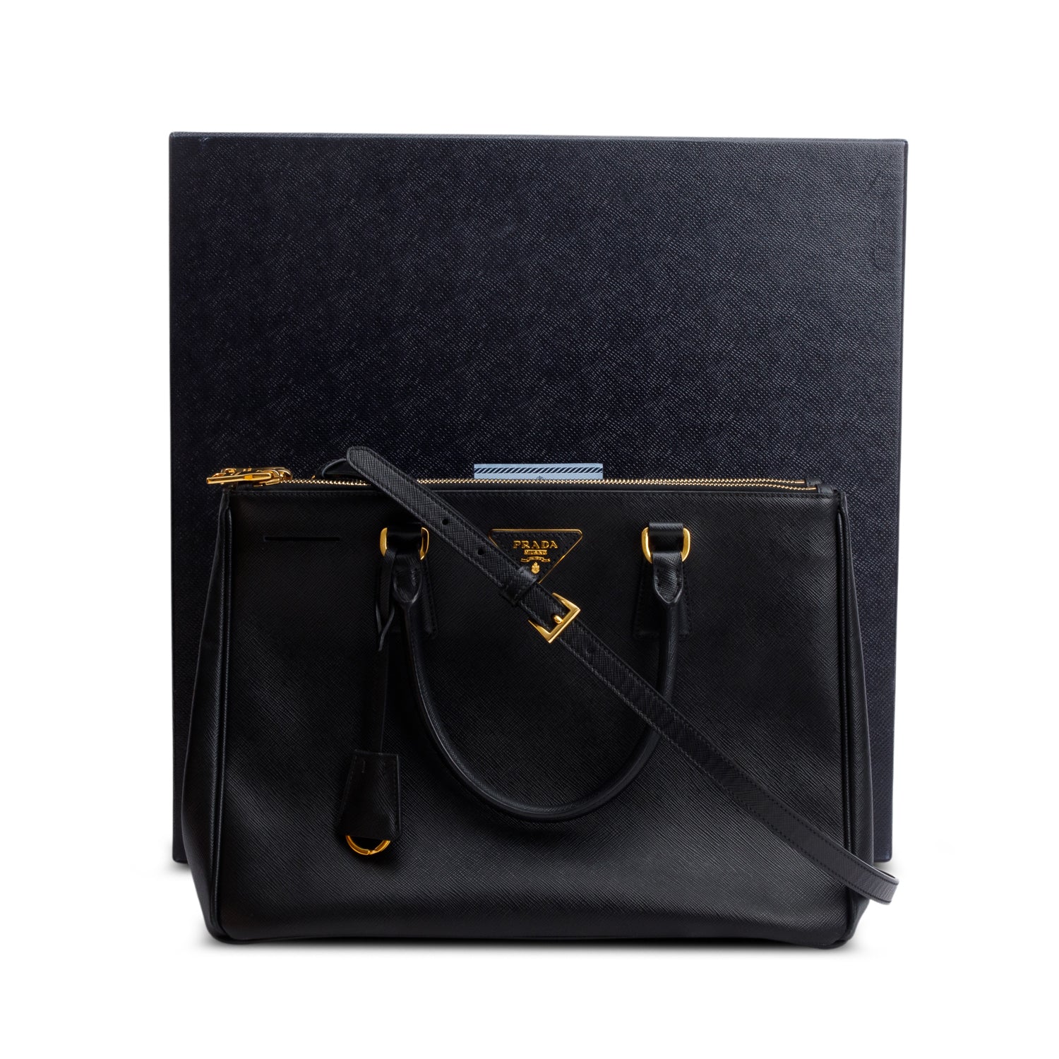 Prada Black Saffiano Lux Medium Double Zip Galleria Tote w/ Strap & Box