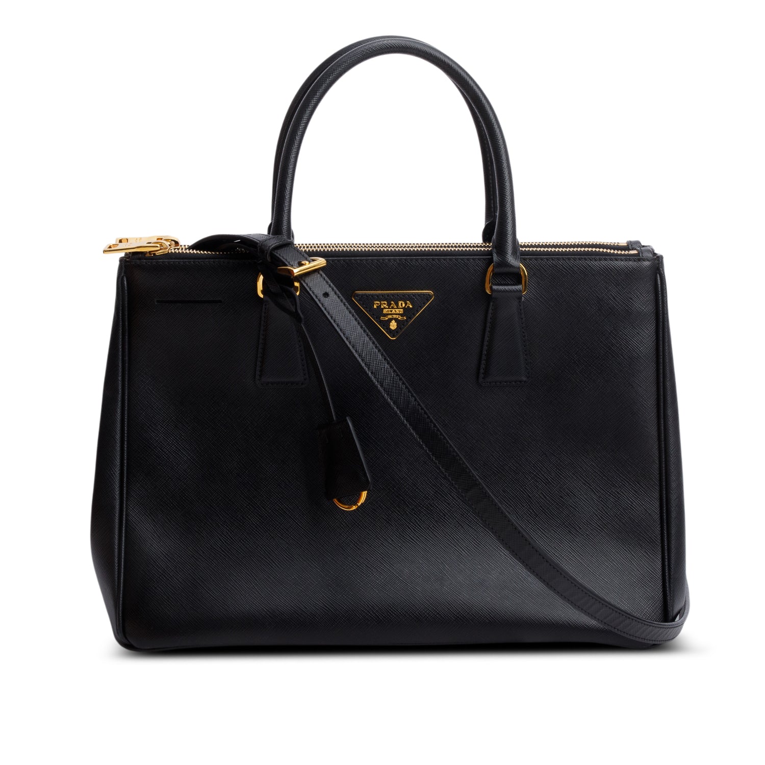 Prada Black Saffiano Lux Medium Double Zip Galleria Tote w/ Strap & Box