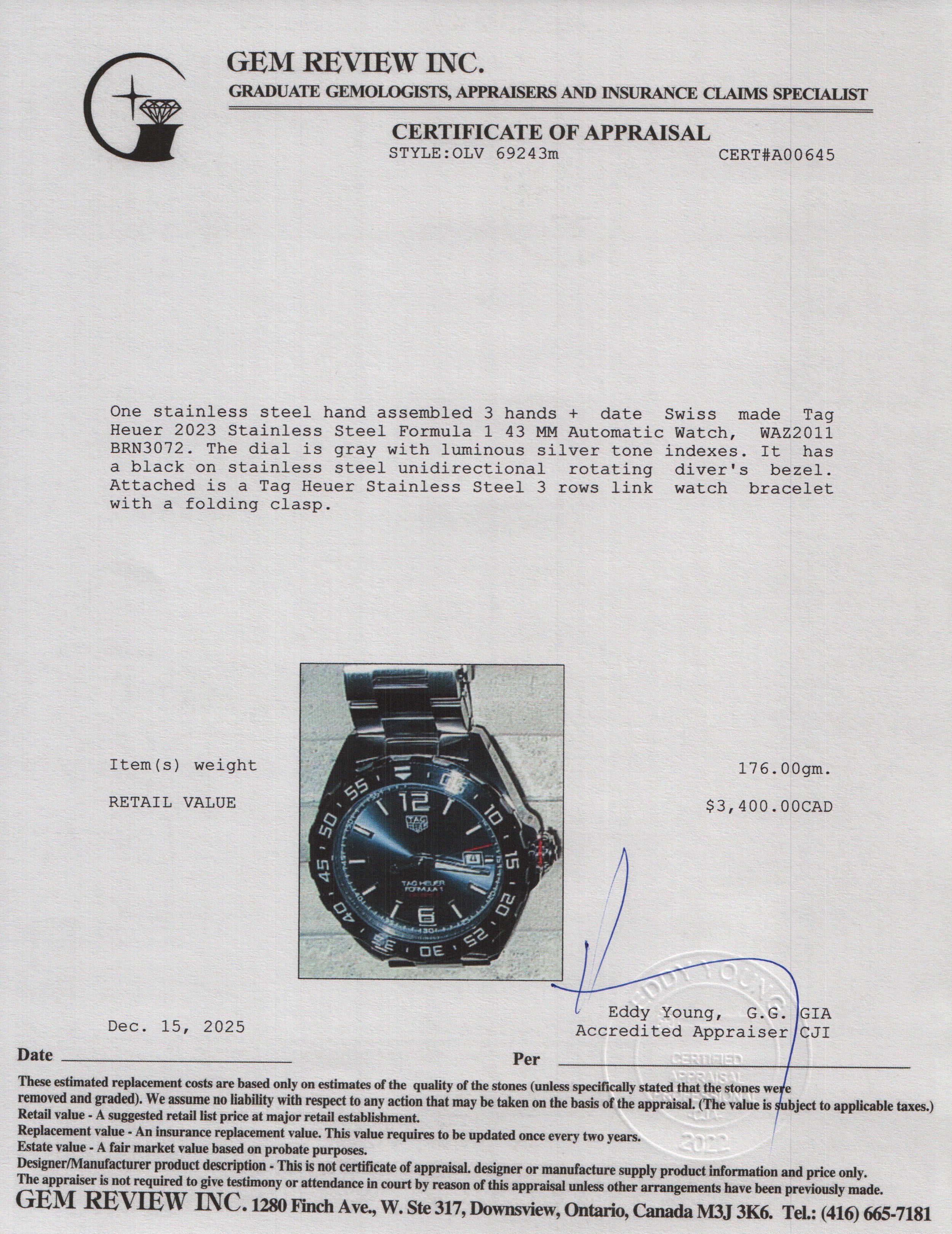 Tag Heuer 2023 Stainless Steel Formula 1 43 MM Automatic Watch WAZ2011 w/ Box & Papers