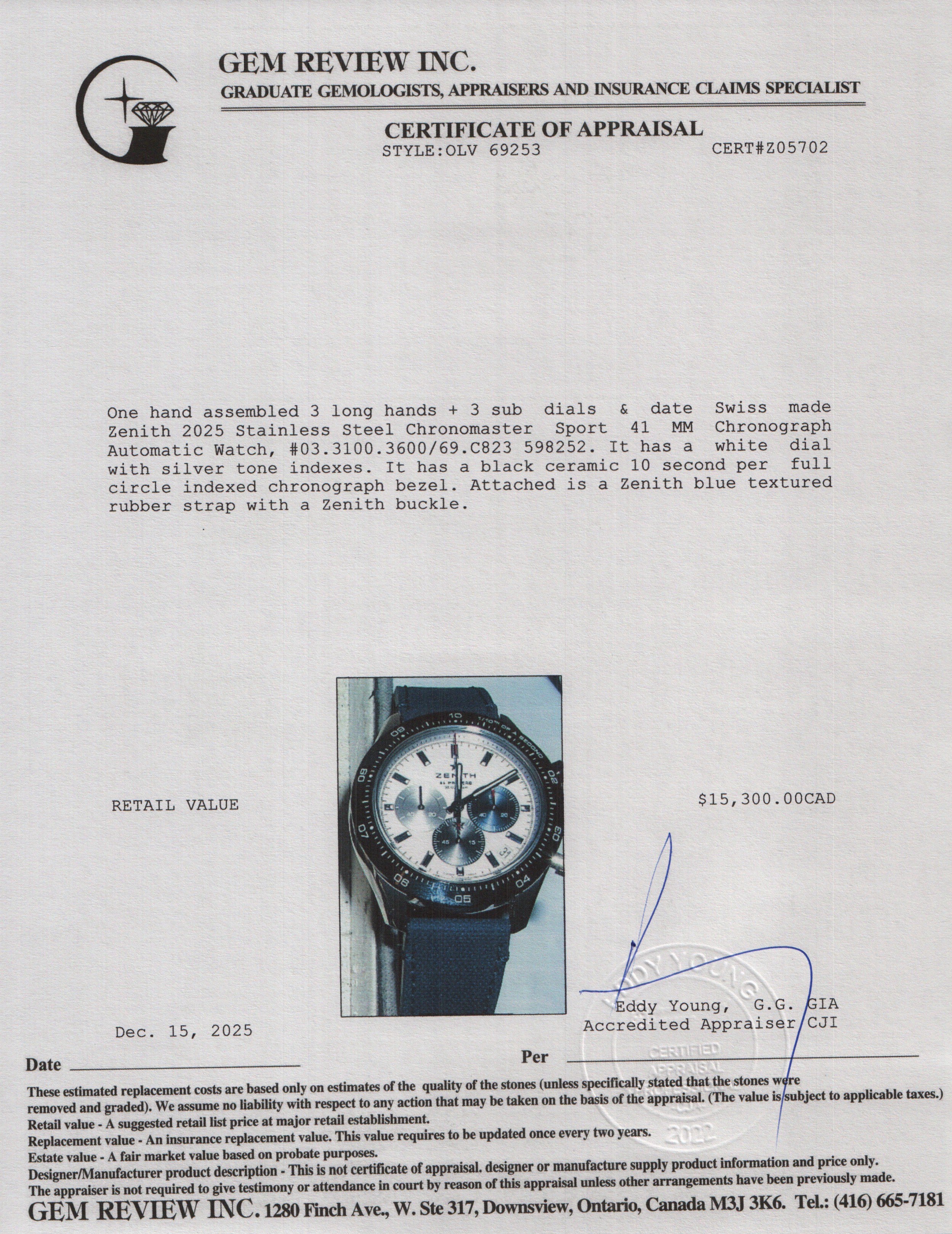 Zenith 2025 Stainless Steel Chronomaster Sport 41 MM Chronograph Automatic Watch White Dial w/ Box & Papers