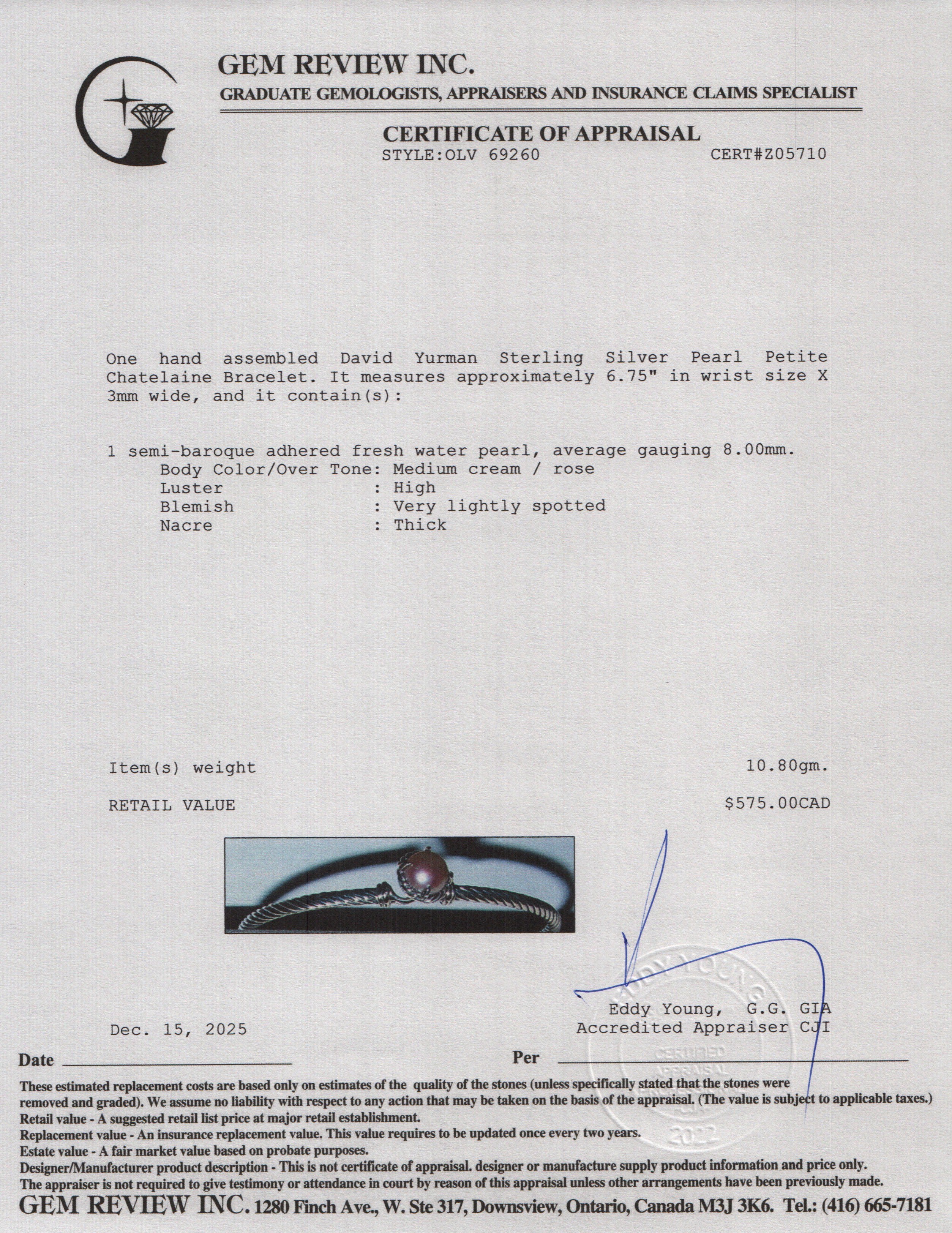 David Yurman Sterling Silver Pearl Petite Chatelaine Bracelet