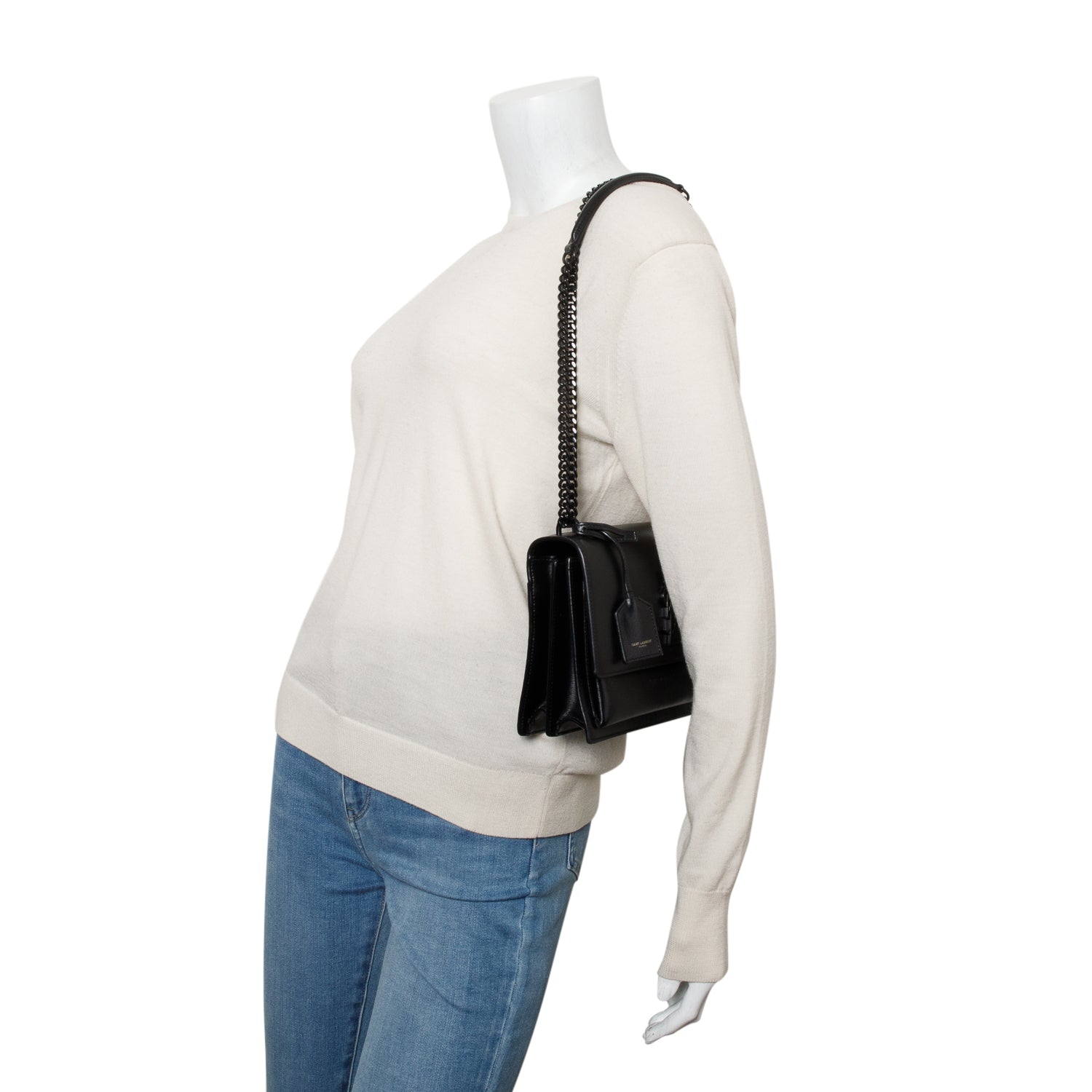 Saint Lauren Black Calfskin Monochrome Medium Sunset Shoulder Bag