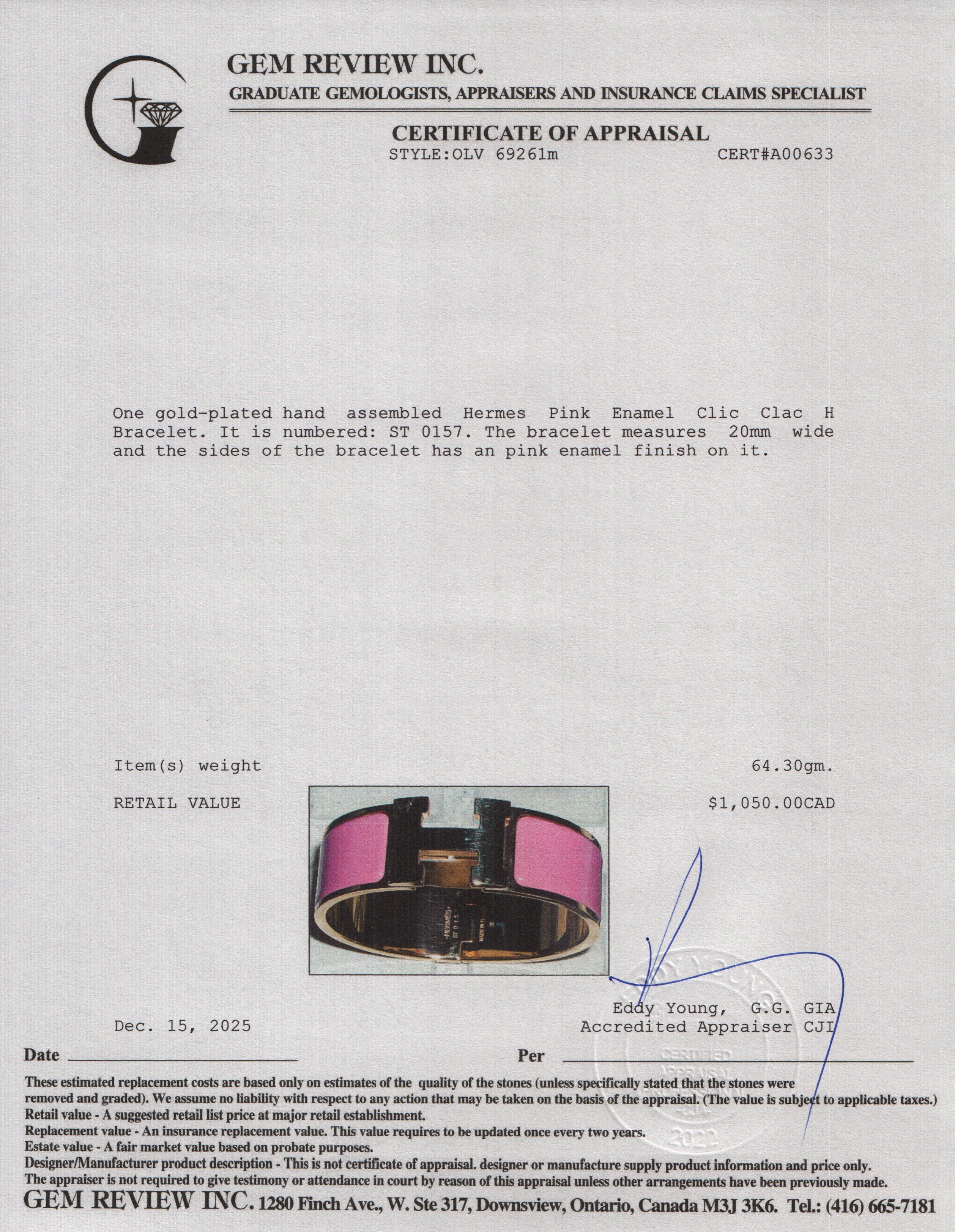 Hermes Gold-Plated Pink Enamel Clic Clac H Bracelet w/ Box