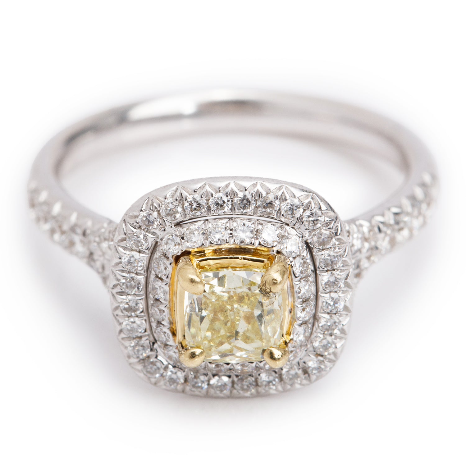 18k White Gold Natural Fancy Yellow 0.51 ct. Cushion Cut Diamond Engagement Ring, Size 6.5