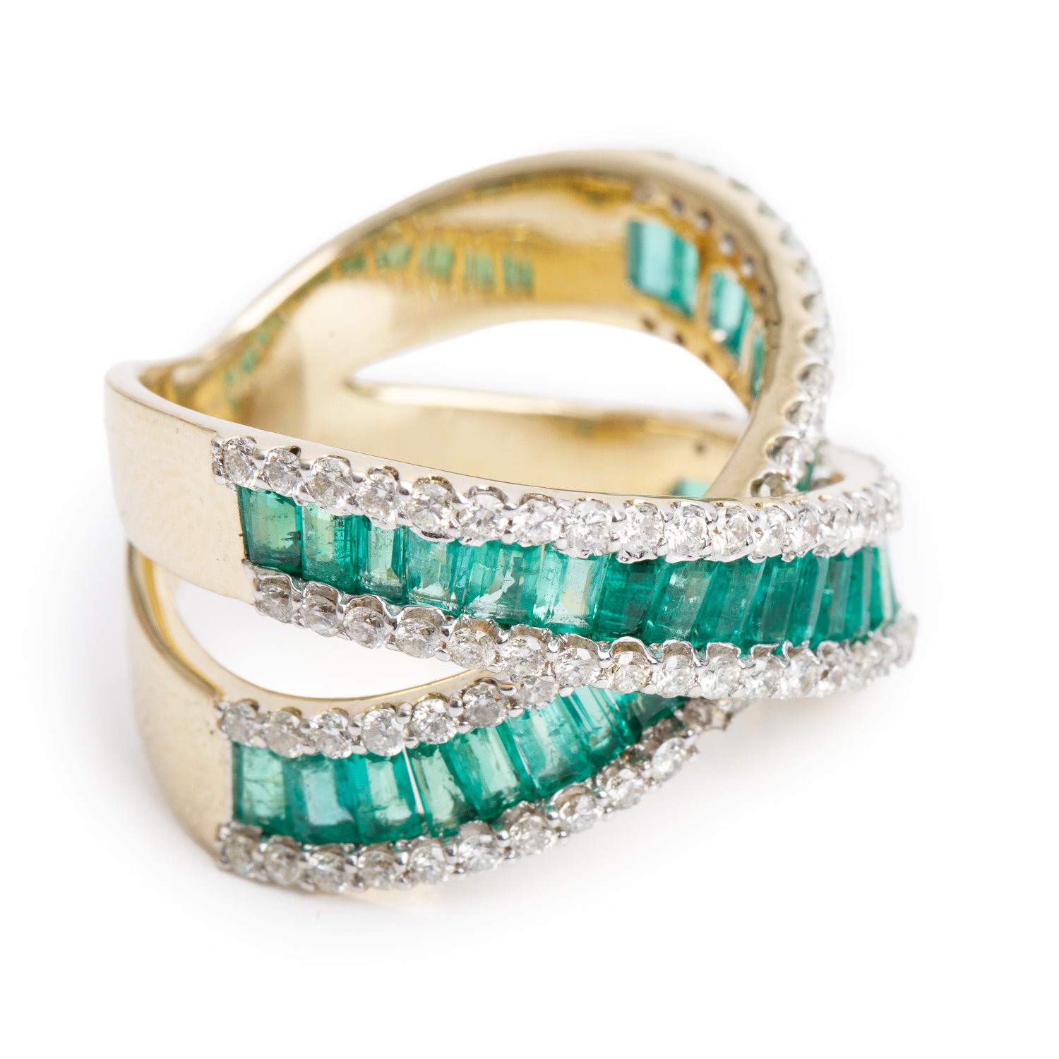 14k Yellow Gold Emerald & Diamond Crossover Ring, Size 6.75
