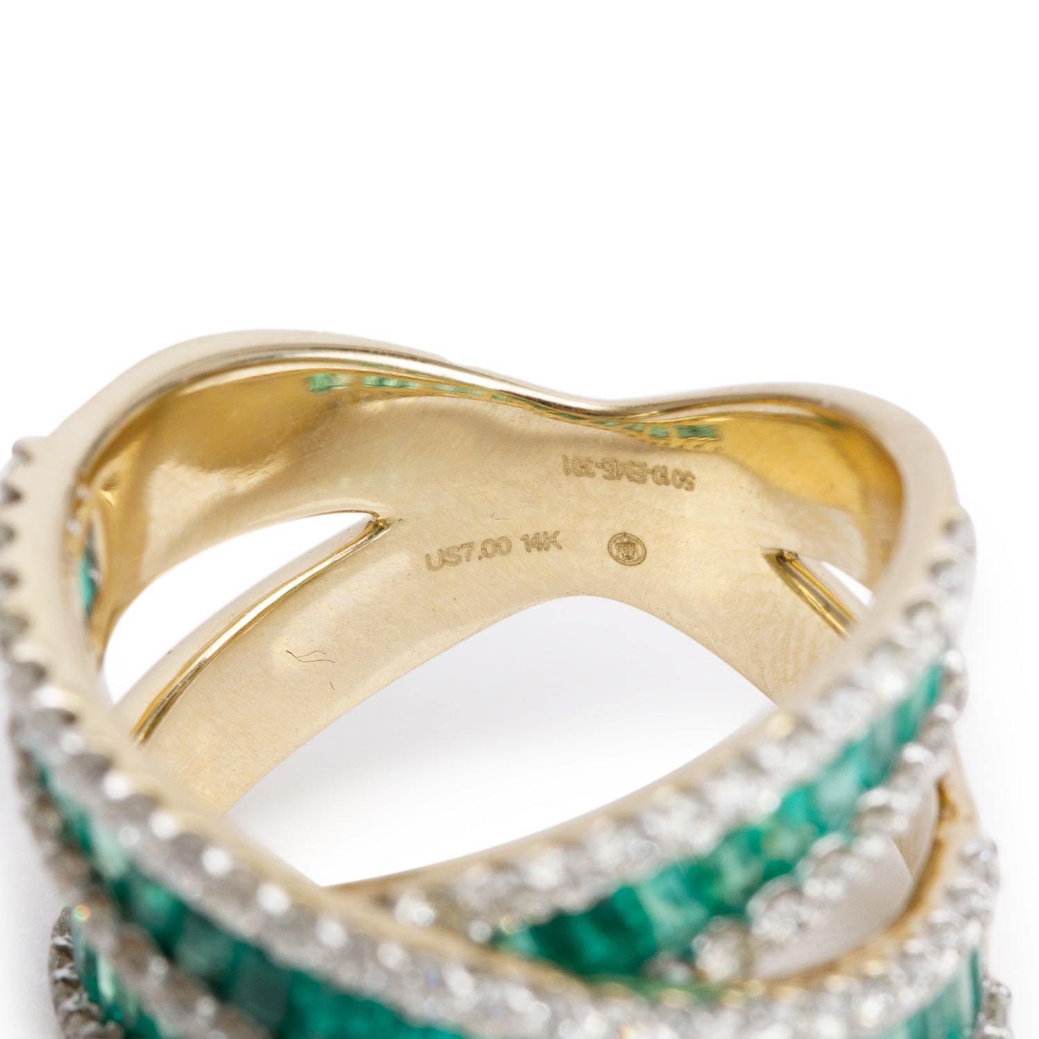 14k Yellow Gold Emerald & Diamond Crossover Ring, Size 6.75