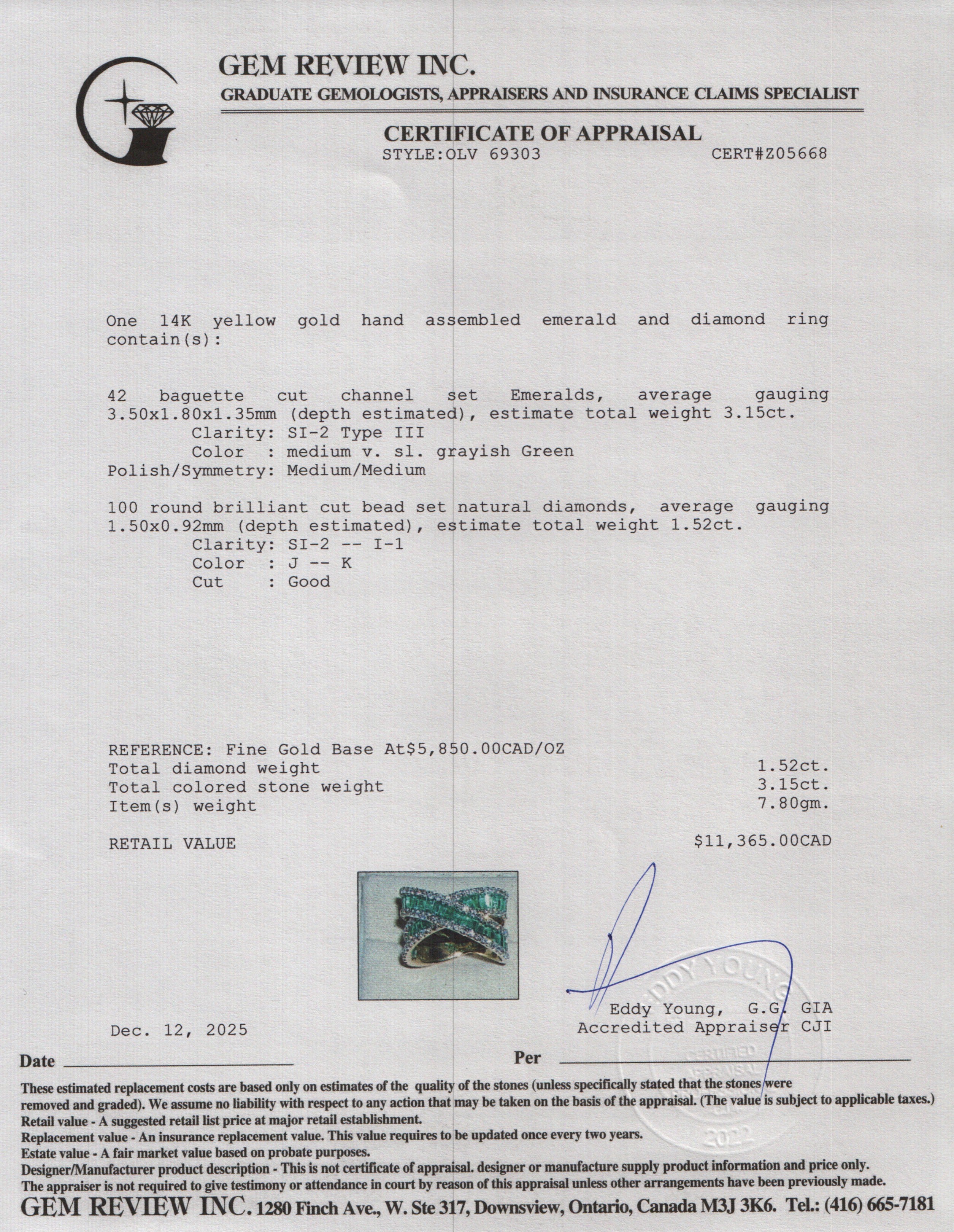 14k Yellow Gold Emerald & Diamond Crossover Ring, Size 6.75