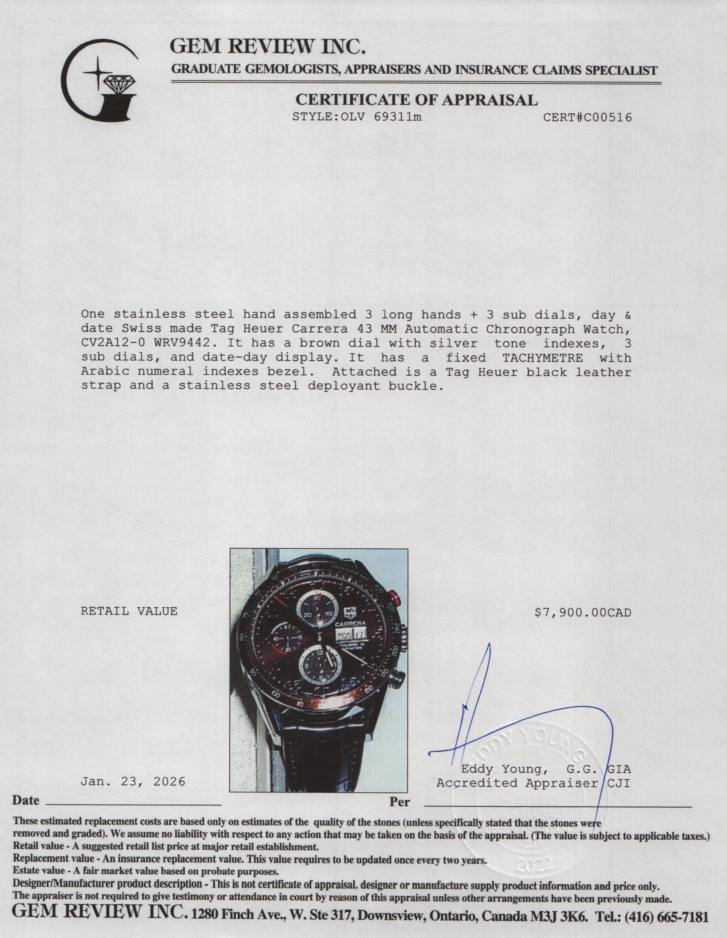 Tag Heuer Stainless Steel Carrera 43 MM Automatic Chronograph Watch Brown Dial CV2A12 w/ Box & Papers