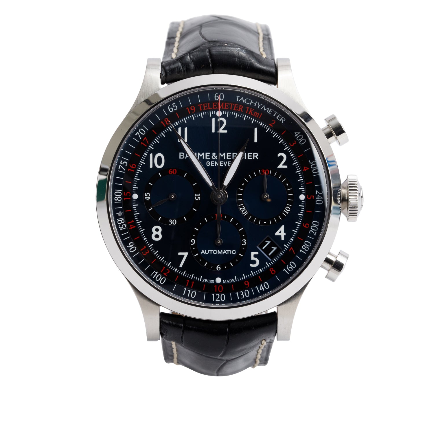 Baume & Mercier Stainless Steel Capeland 44 MM Automatic Chronograph Watch Blue Dial MOA10065 w/ Box