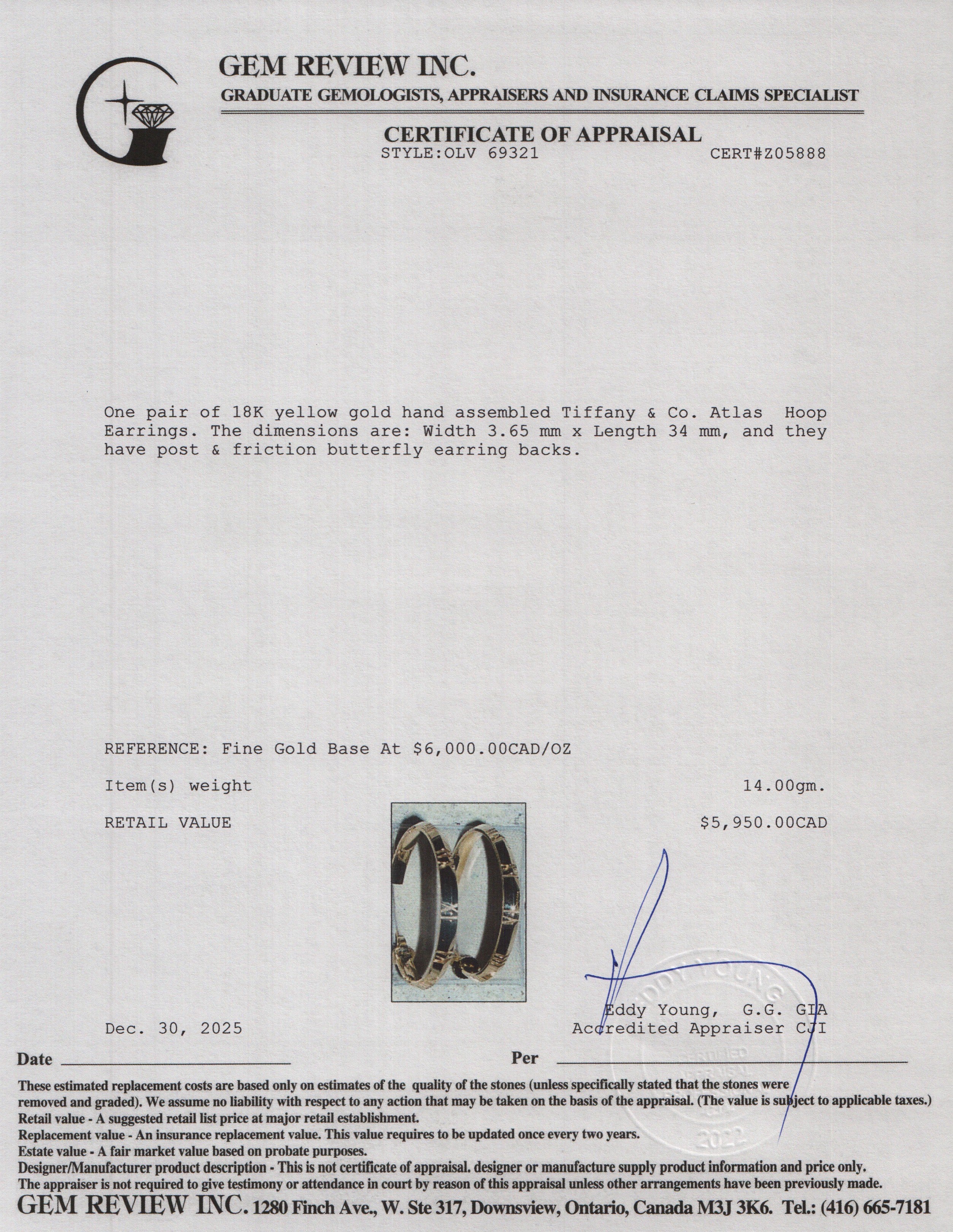 Tiffany & Co. 18k Yellow Gold Atlas Hoop Earrings w/ Box