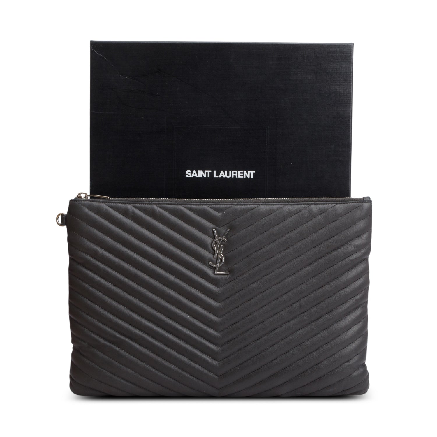 Saint Laurent Grey Calfskin Matelasse Monogram Casssandre Tablet Pouch w/ Box