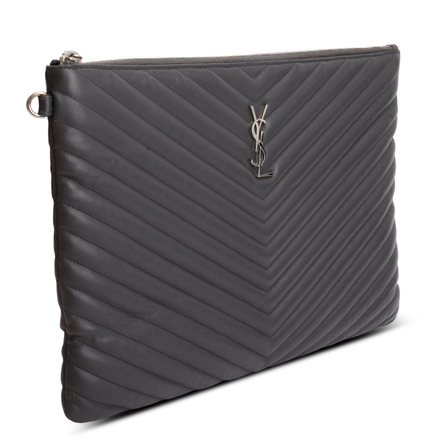 Saint Laurent Grey Calfskin Matelasse Monogram Casssandre Tablet Pouch w/ Box