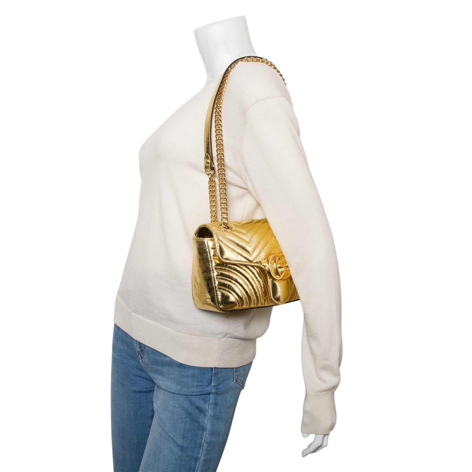 Gucci Gold Metallic Crinkled Calfskin Matelasse Medium GG Marmont Shoulder Bag w/ Box