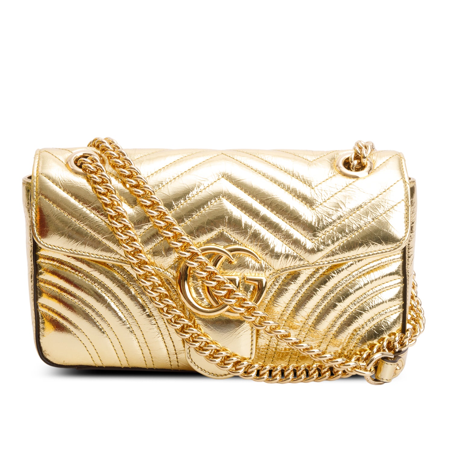 Gucci Gold Metallic Crinkled Calfskin Matelasse Medium GG Marmont