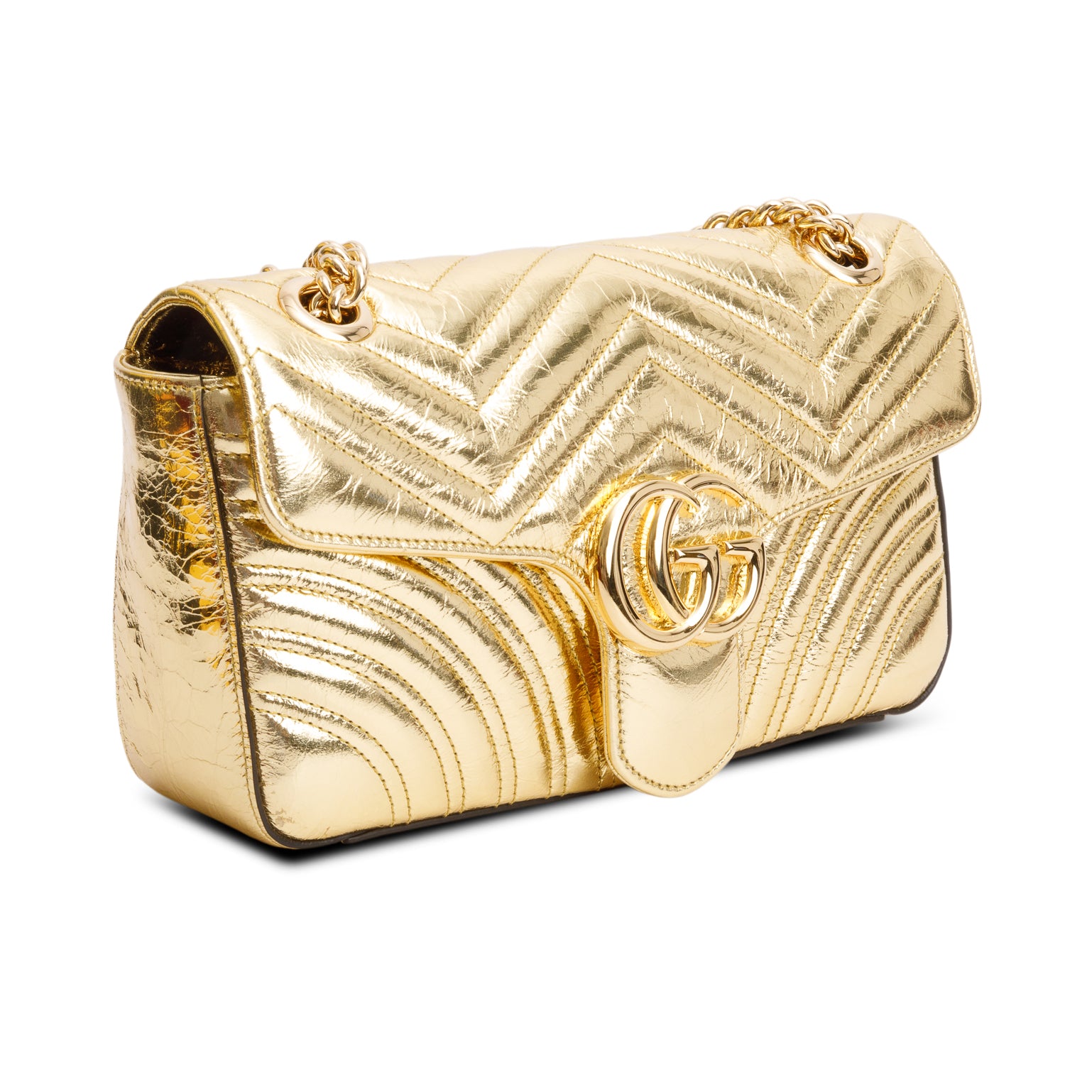 Gucci Gold Metallic Crinkled Calfskin Matelasse Medium GG Marmont Shoulder Bag w/ Box