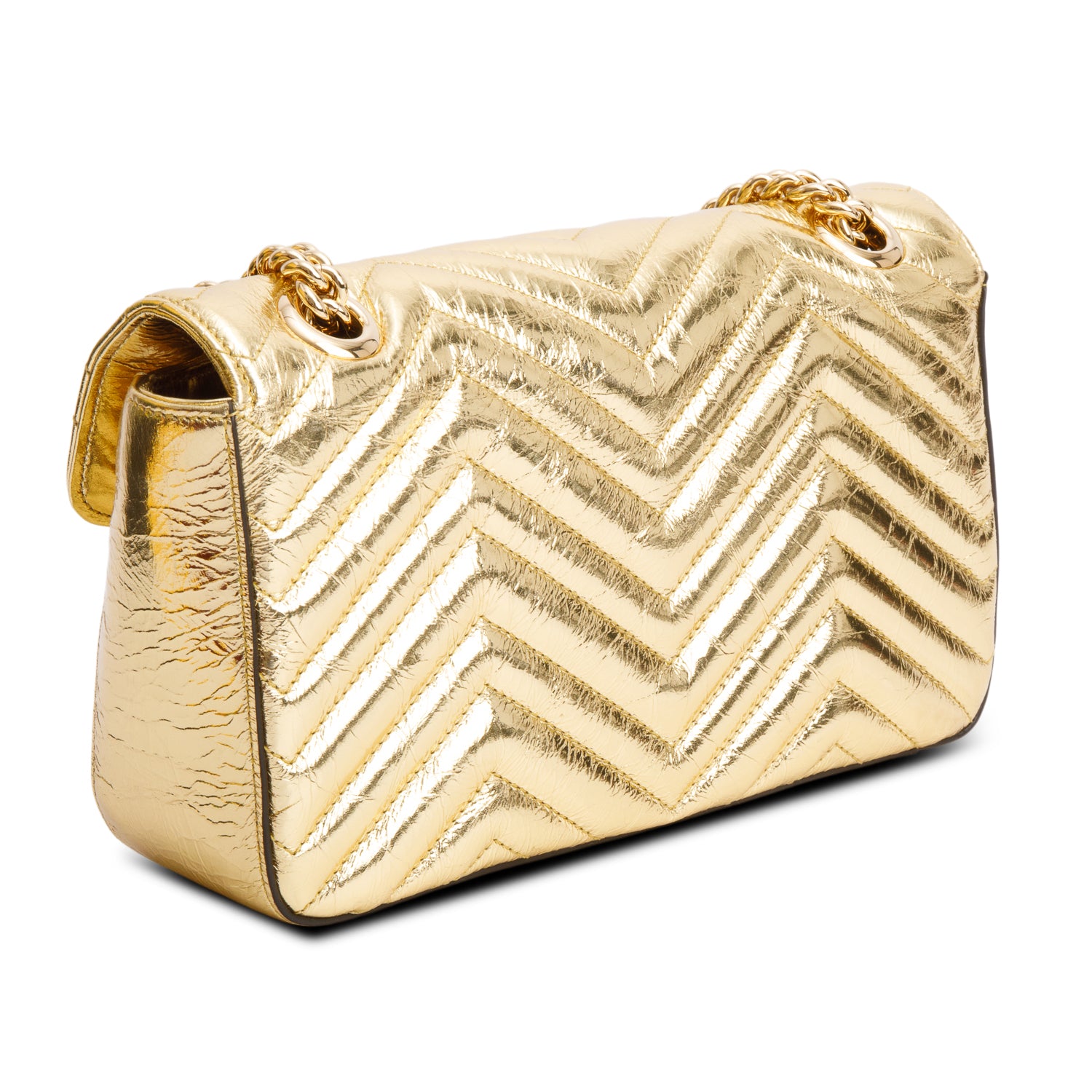 Gucci Gold Metallic Crinkled Calfskin Matelasse Medium GG Marmont Shoulder Bag w/ Box