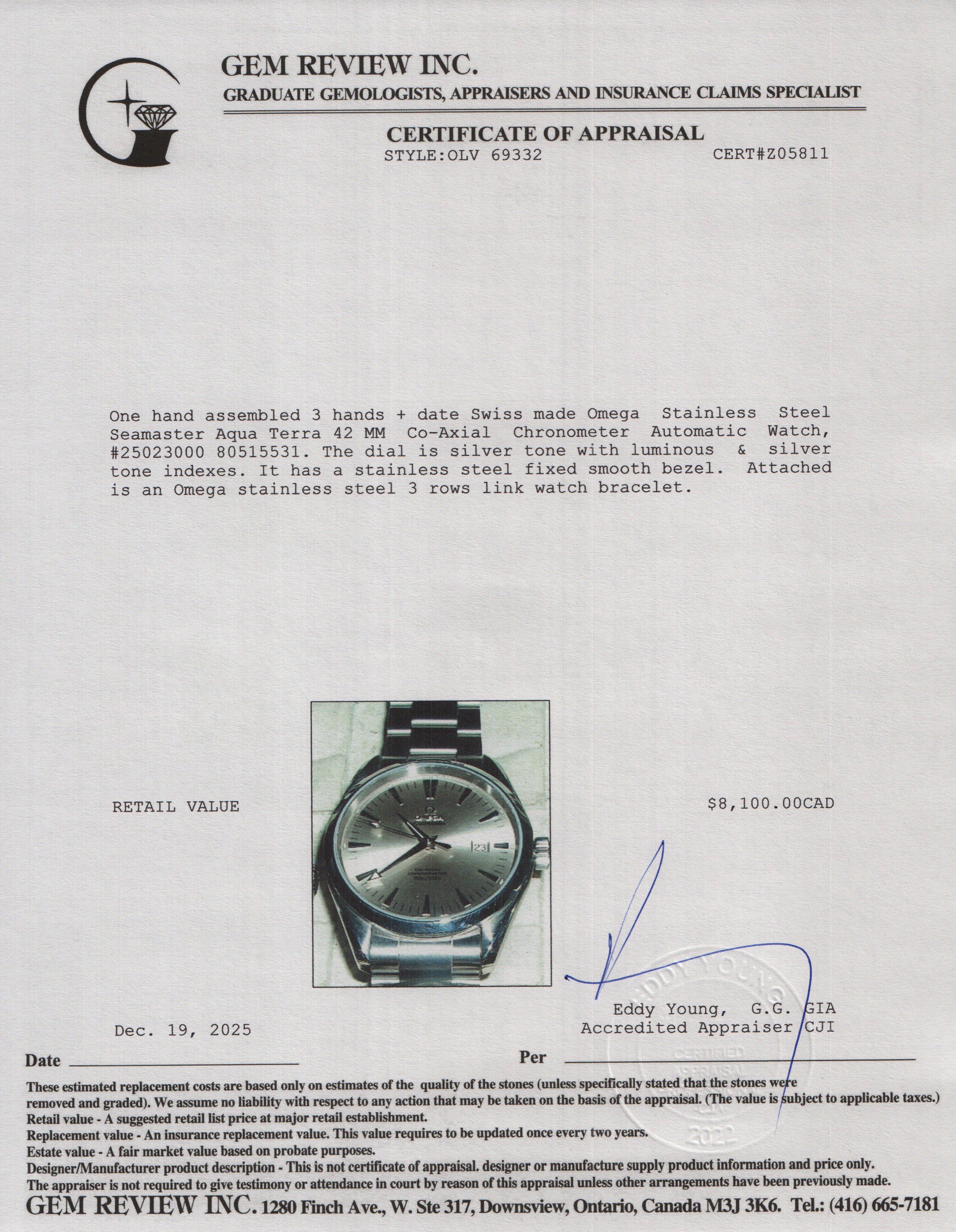 Omega Stainless Steel Seamaster Aqua Terra 42 MM Co-Axial Chronometer Automatic Watch Silver Dial w/ Box & Papers