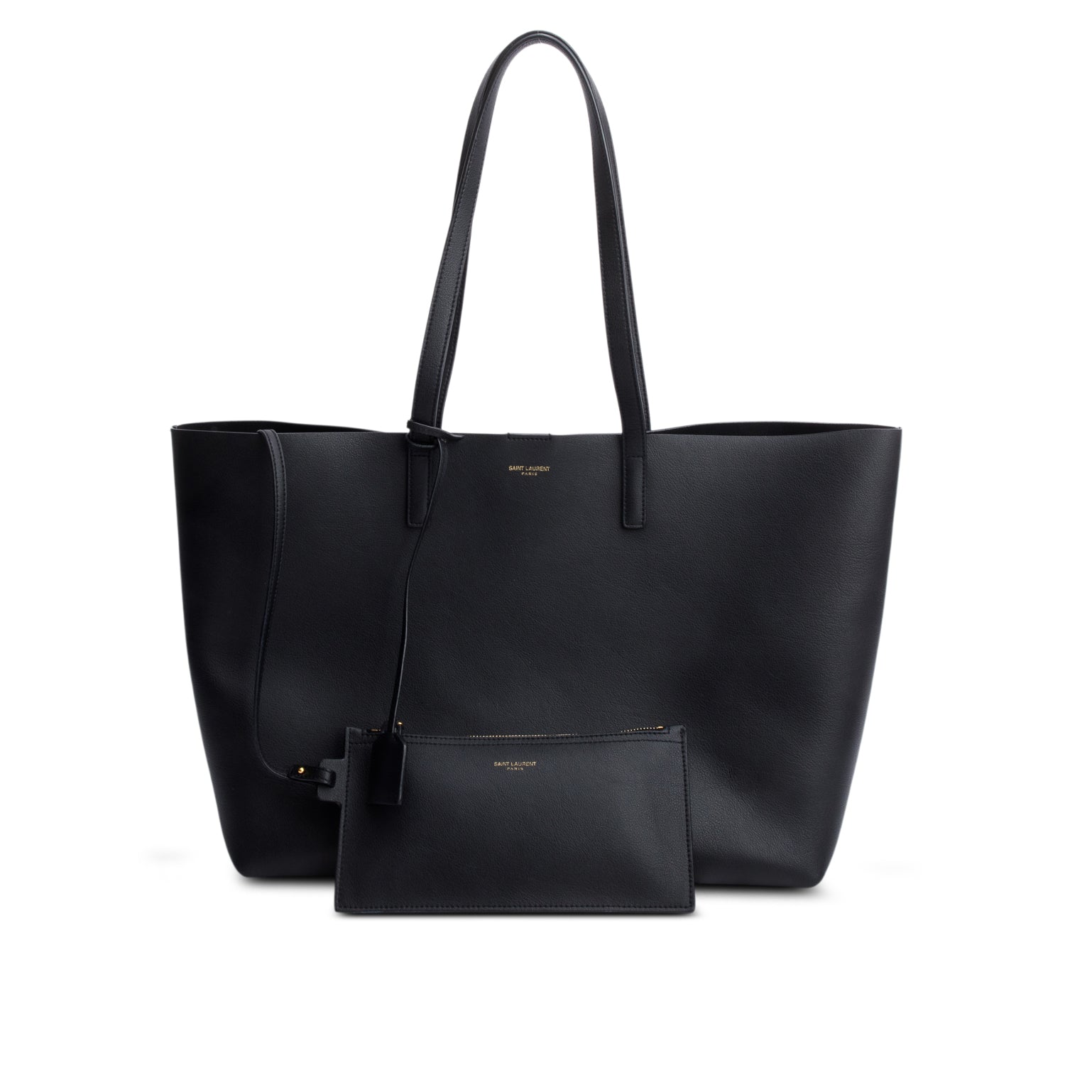 Saint Laurent 2024 Black Leather E/W Shopping Tote w/ Pouch & Box