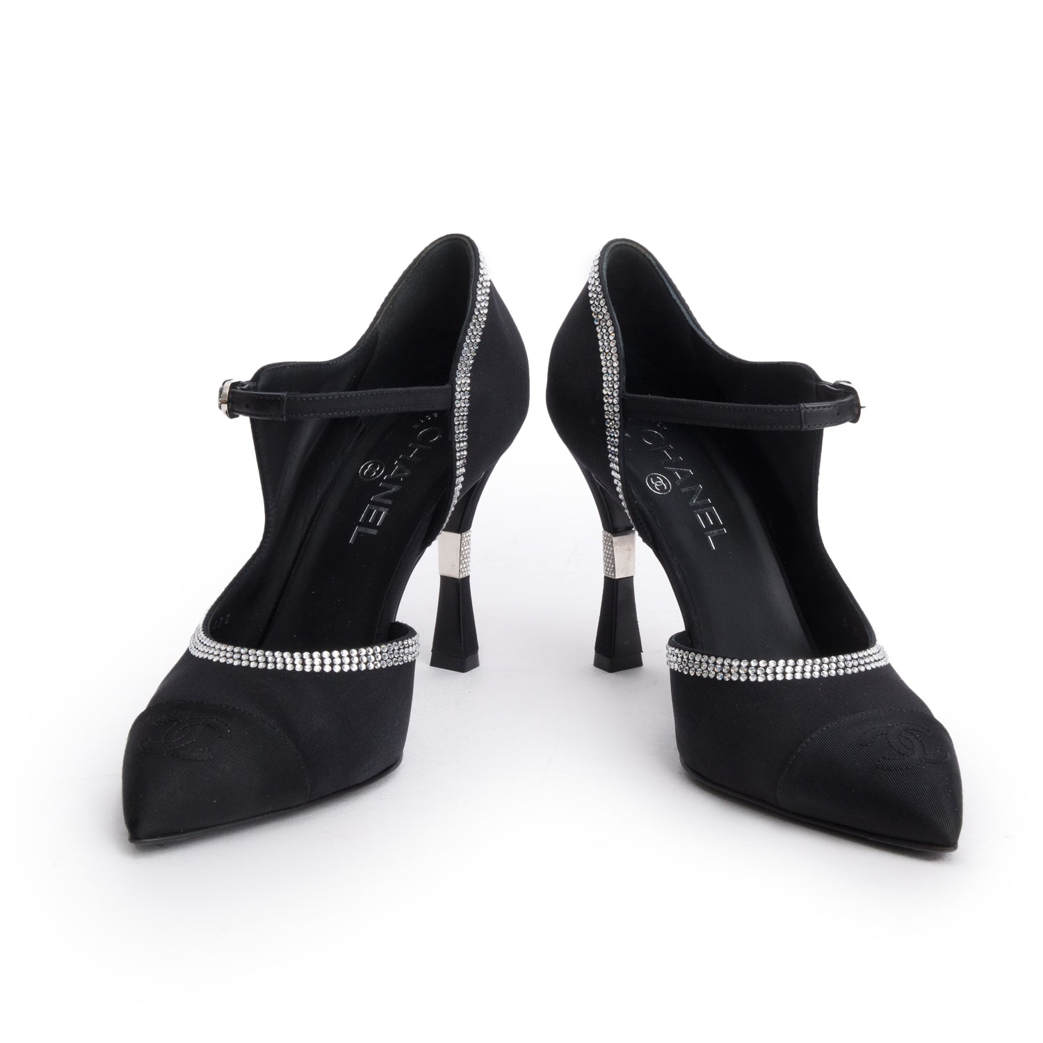 Chanel 2025 Black Satin & Grosgrain Cap Toe CC Strass Mary Jane Pumps, Size 39 w/ Box & Receipt