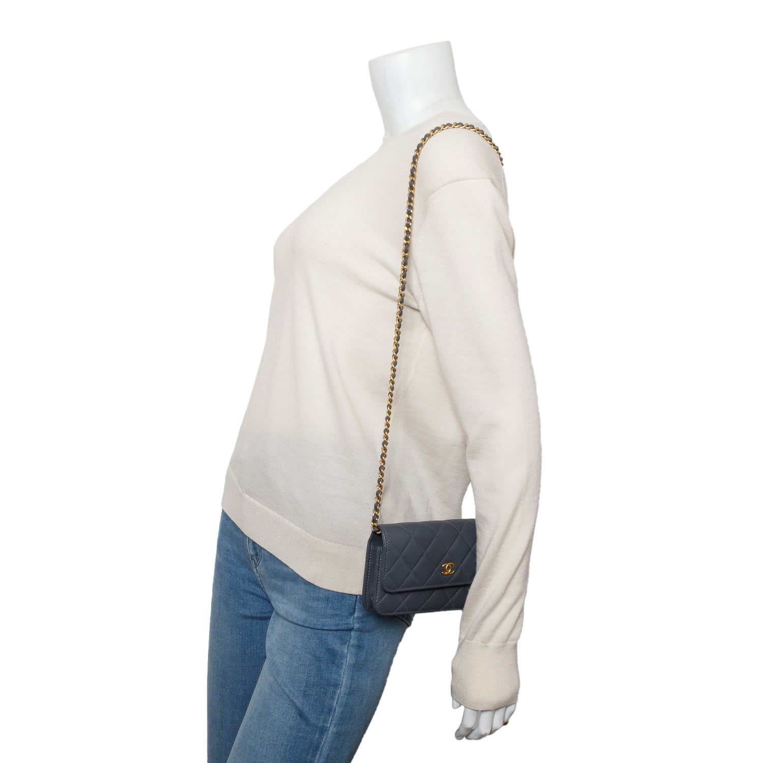 Chanel Grey Quilted Lambskin Leather CC Pearl Crush Flap Phone Holder on Chain