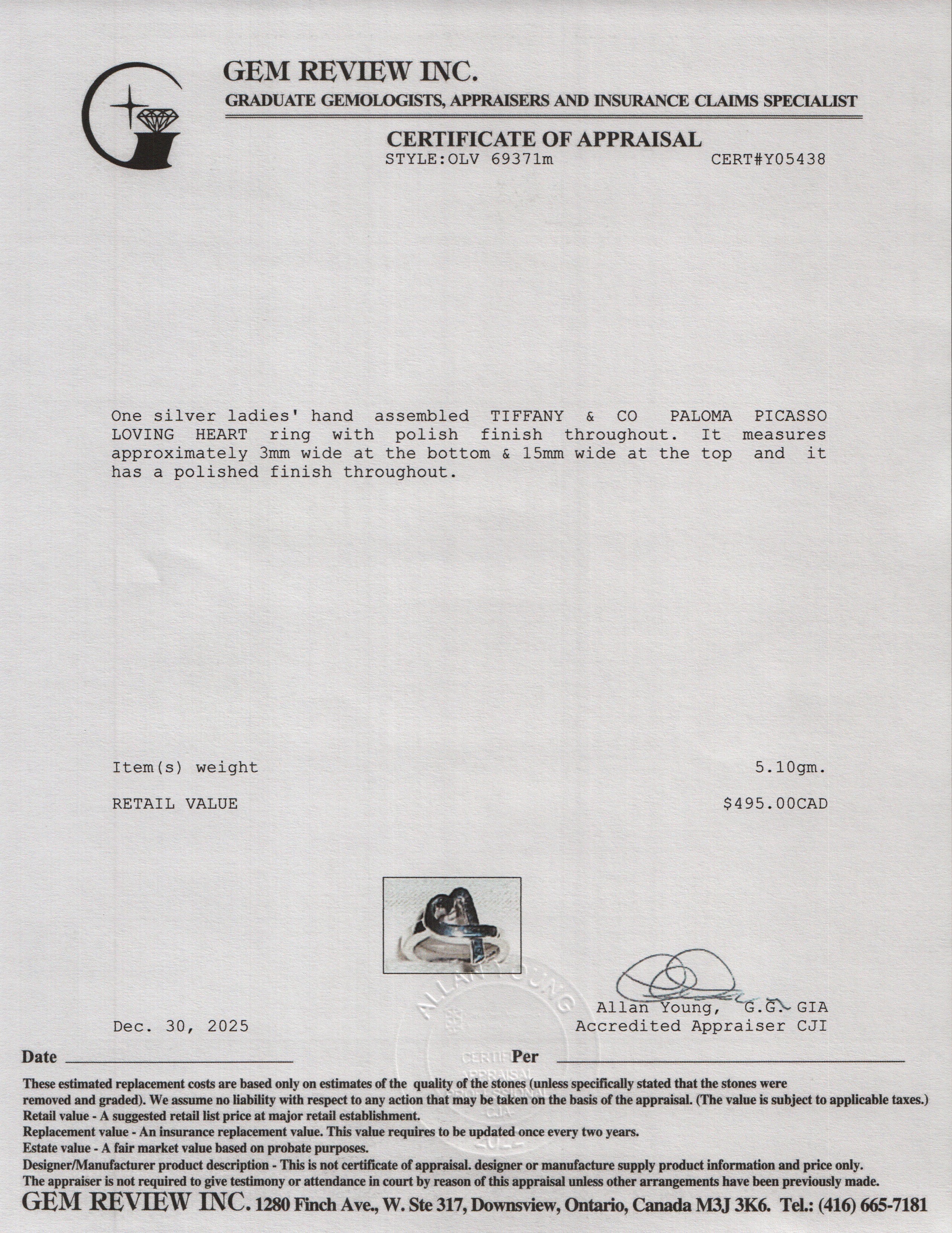 Tiffany & Co. Paloma Picasso Sterling Silver Loving Heart Ring, Size 6