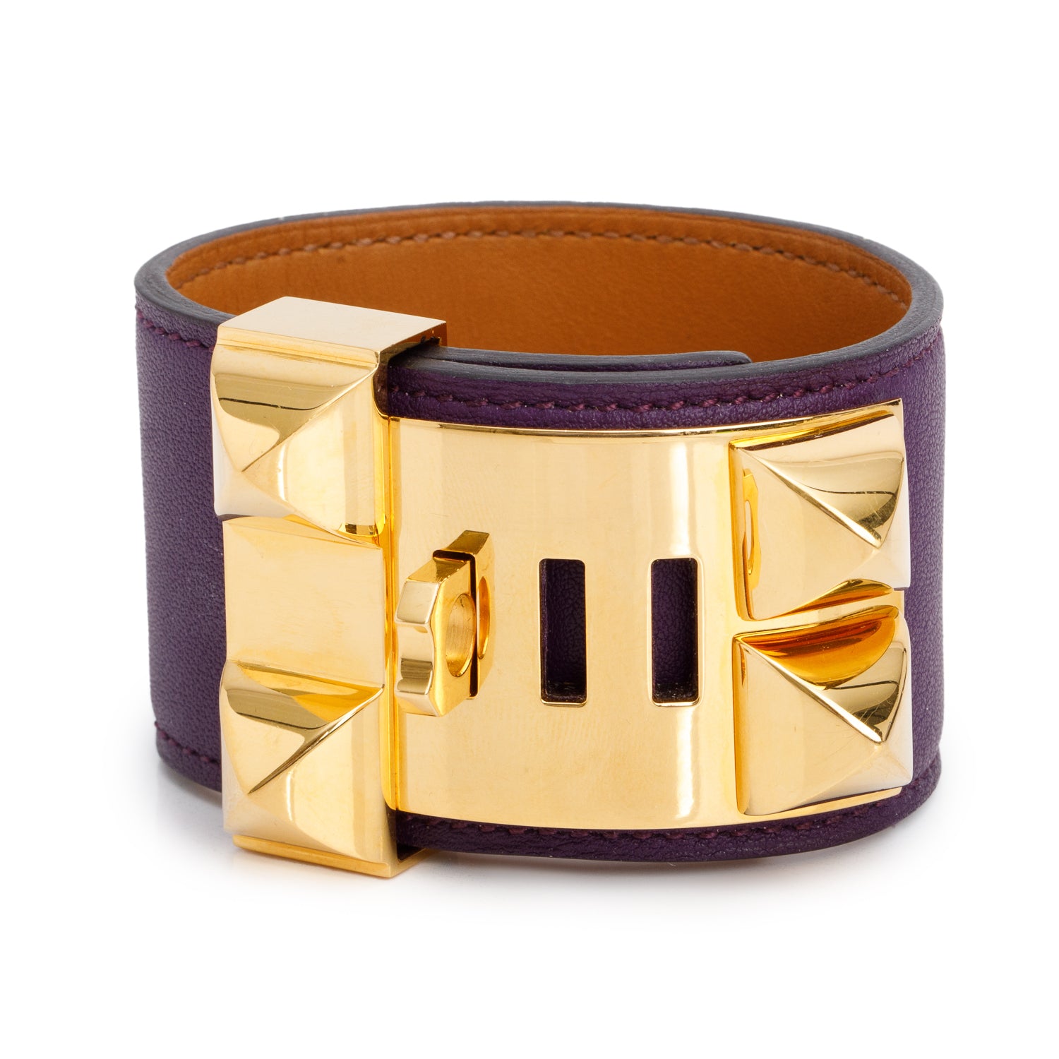 Hermes Gold-Plated Purple Box Calfskin Leather Collier de Chien Bracelet, Size S w/ Box