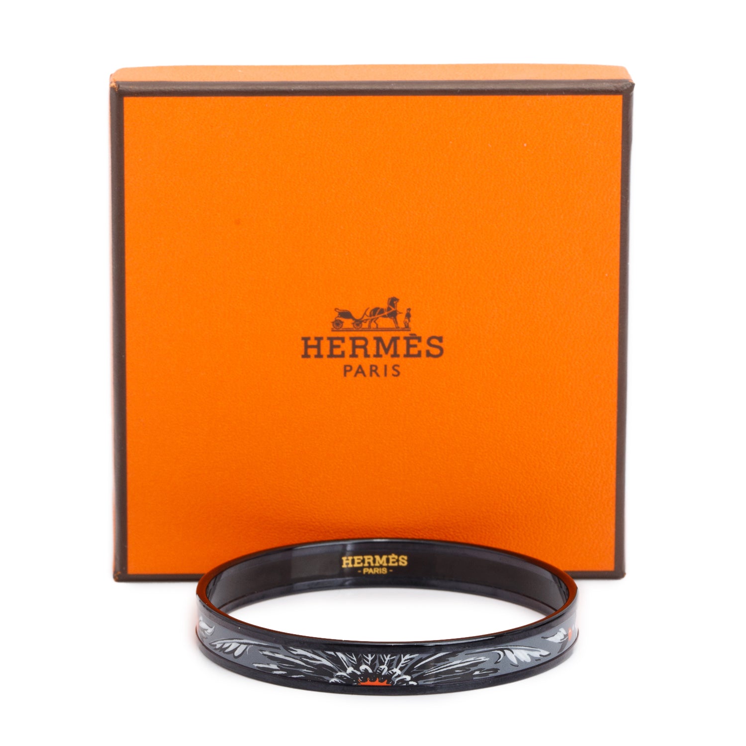 Hermes Black PVD Black/Grey Brazil Painted Enamel Narrow Bangle w/ Box