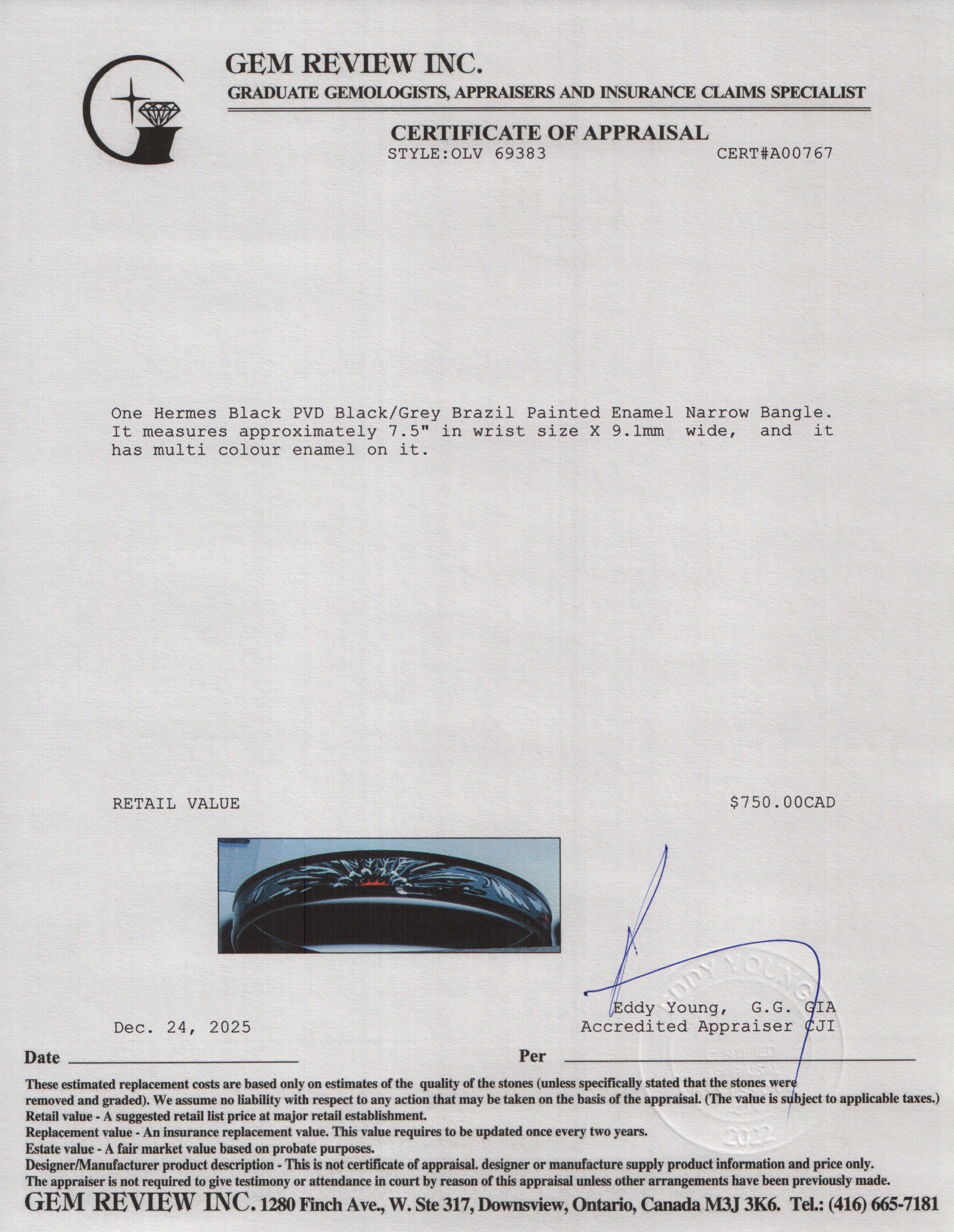 Hermes Black PVD Black/Grey Brazil Painted Enamel Narrow Bangle w/ Box