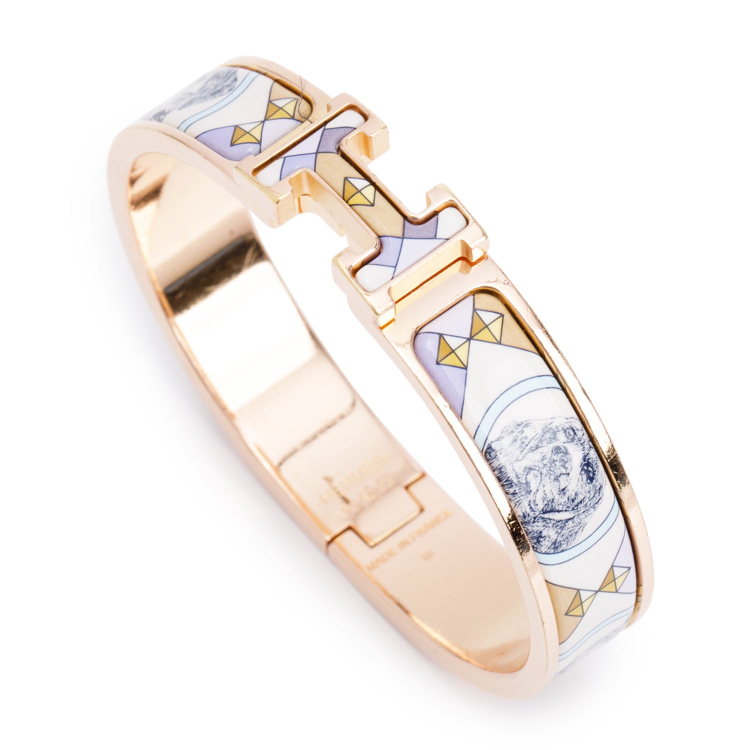 Hermes Yellow Gold Plated Colliers et Chiens Printed Enamel 12 MM Clic H Bracelet