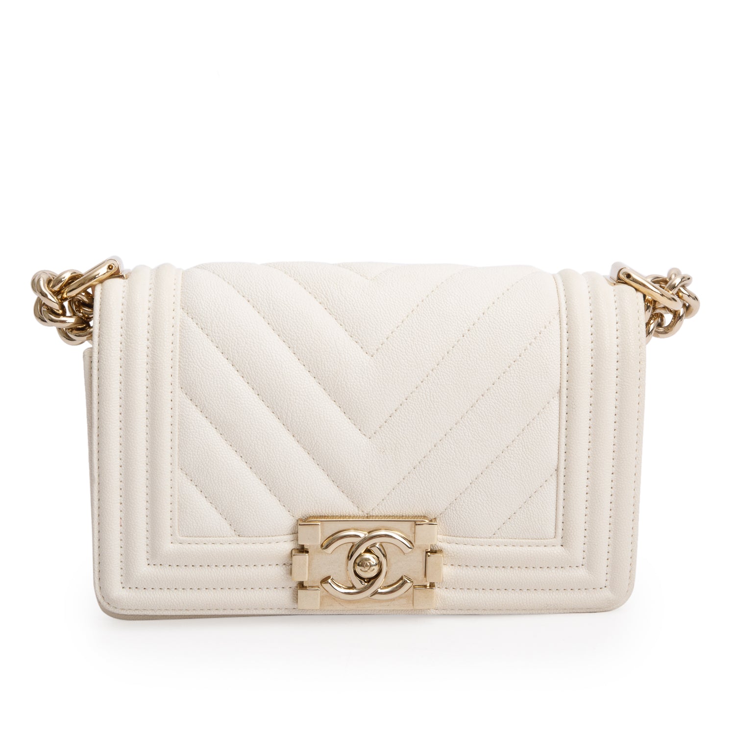 Chanel White Chevron Quilted Caviar Small Boy Bag