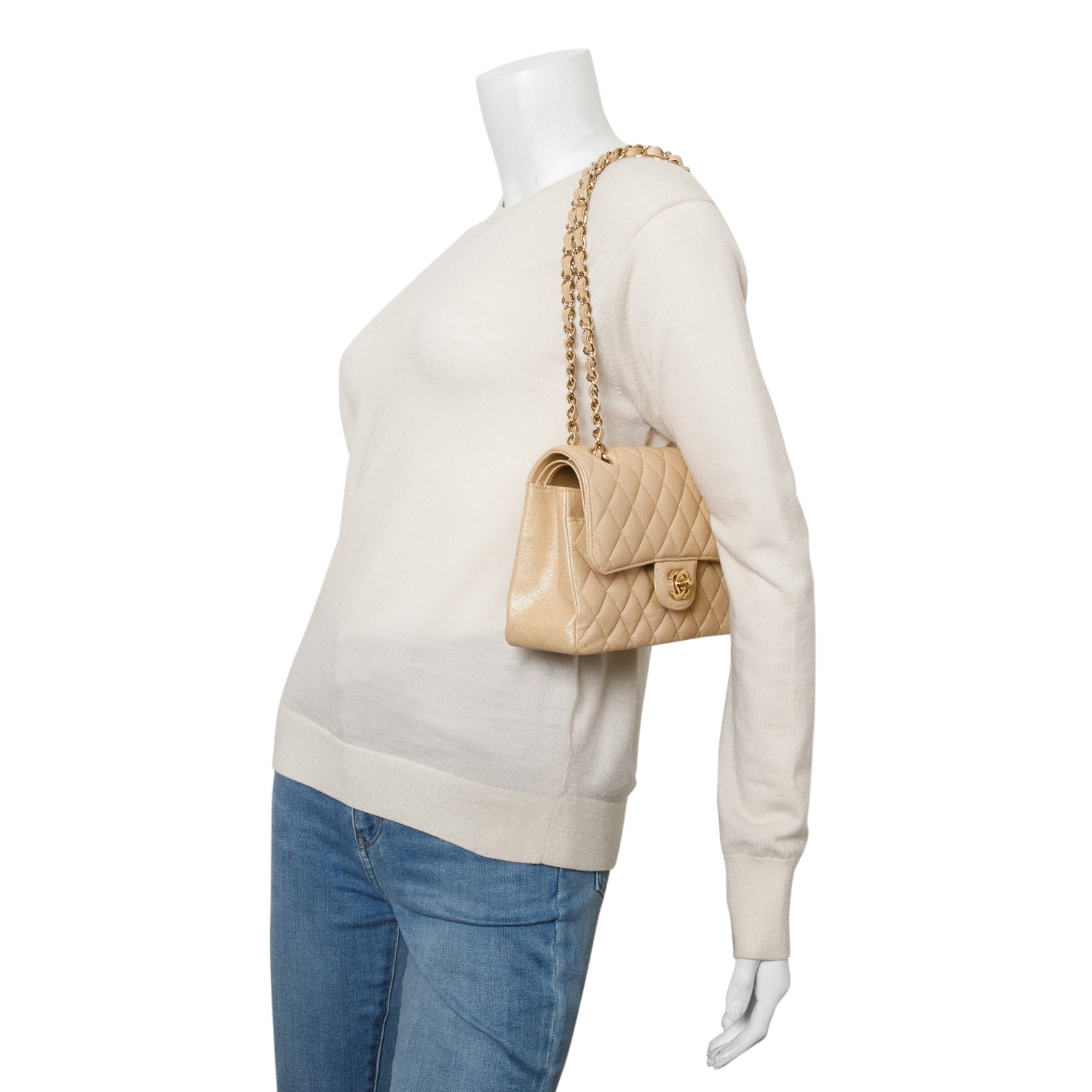 Chanel Iridescent Beige Caviar Quilted Small Double Flap Bag