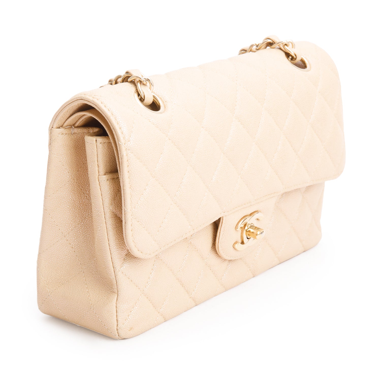 Chanel Iridescent Beige Caviar Quilted Small Double Flap Bag