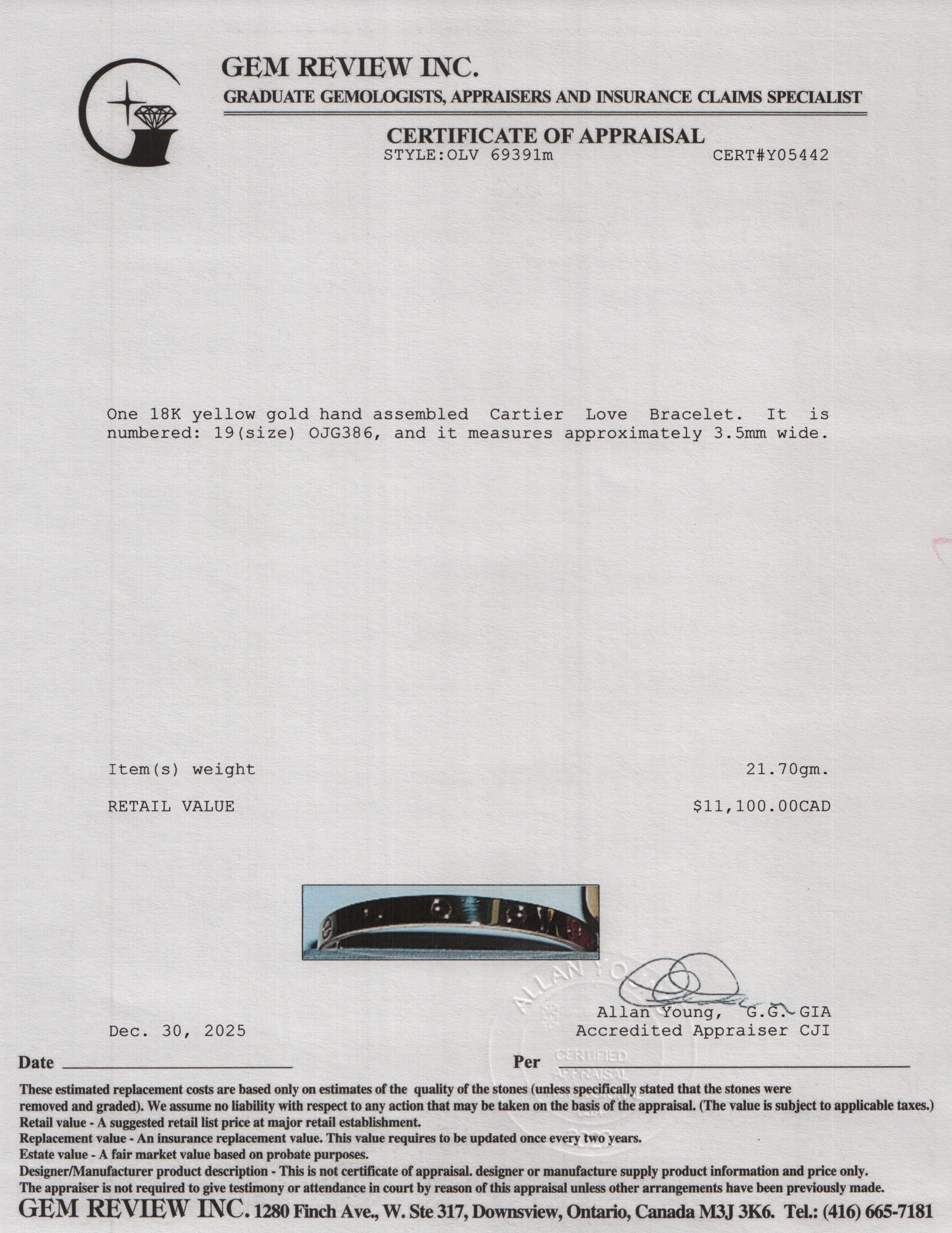 Cartier 18k Yellow Gold Love Bracelet, Classic Model, Size 19 w/ Box & Certificate