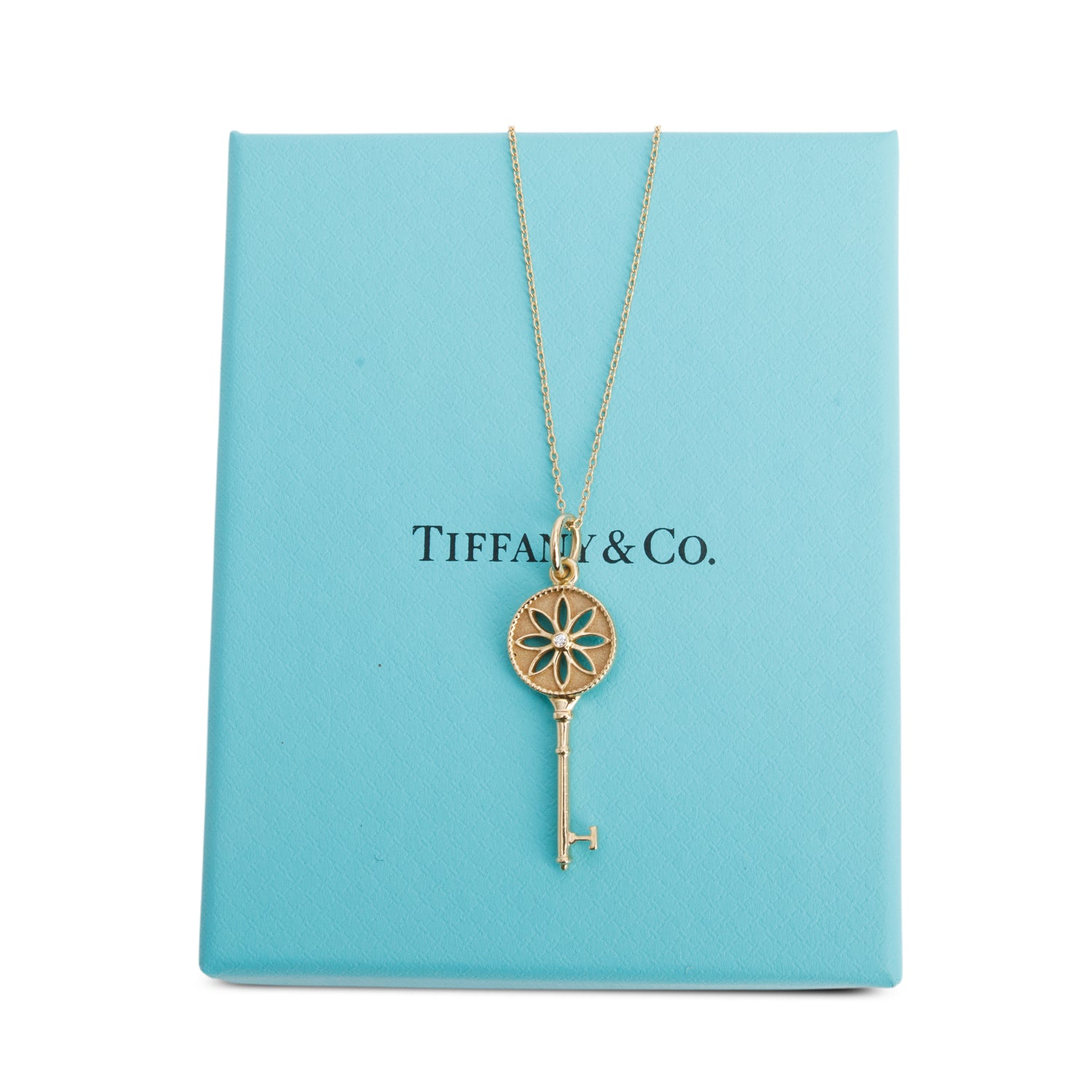Tiffany & Co. 18k Yellow Gold Diamond Daisy Key Pendant Necklace w/ Box