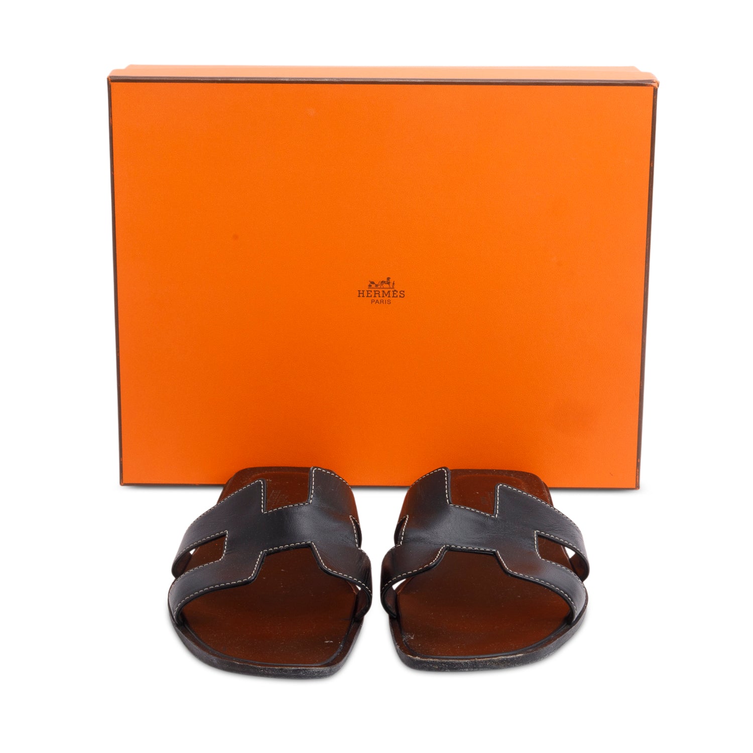 Hermes 2025 Black Box Leather Oran Sandals, Size 40 w/ Box & Receipt