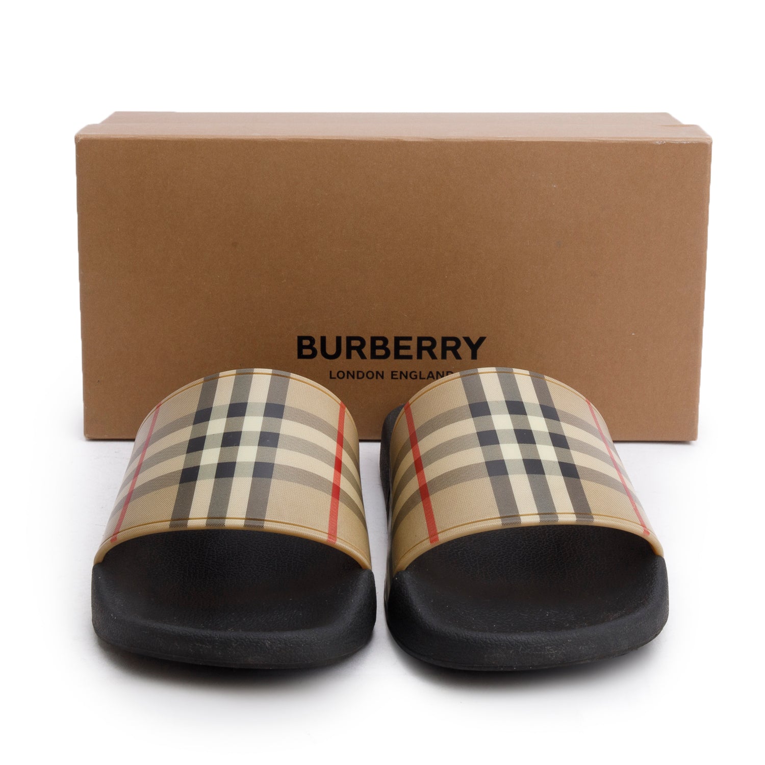 Burberry Beige Nova Check Rubber Slides, Size 41 w/ Box