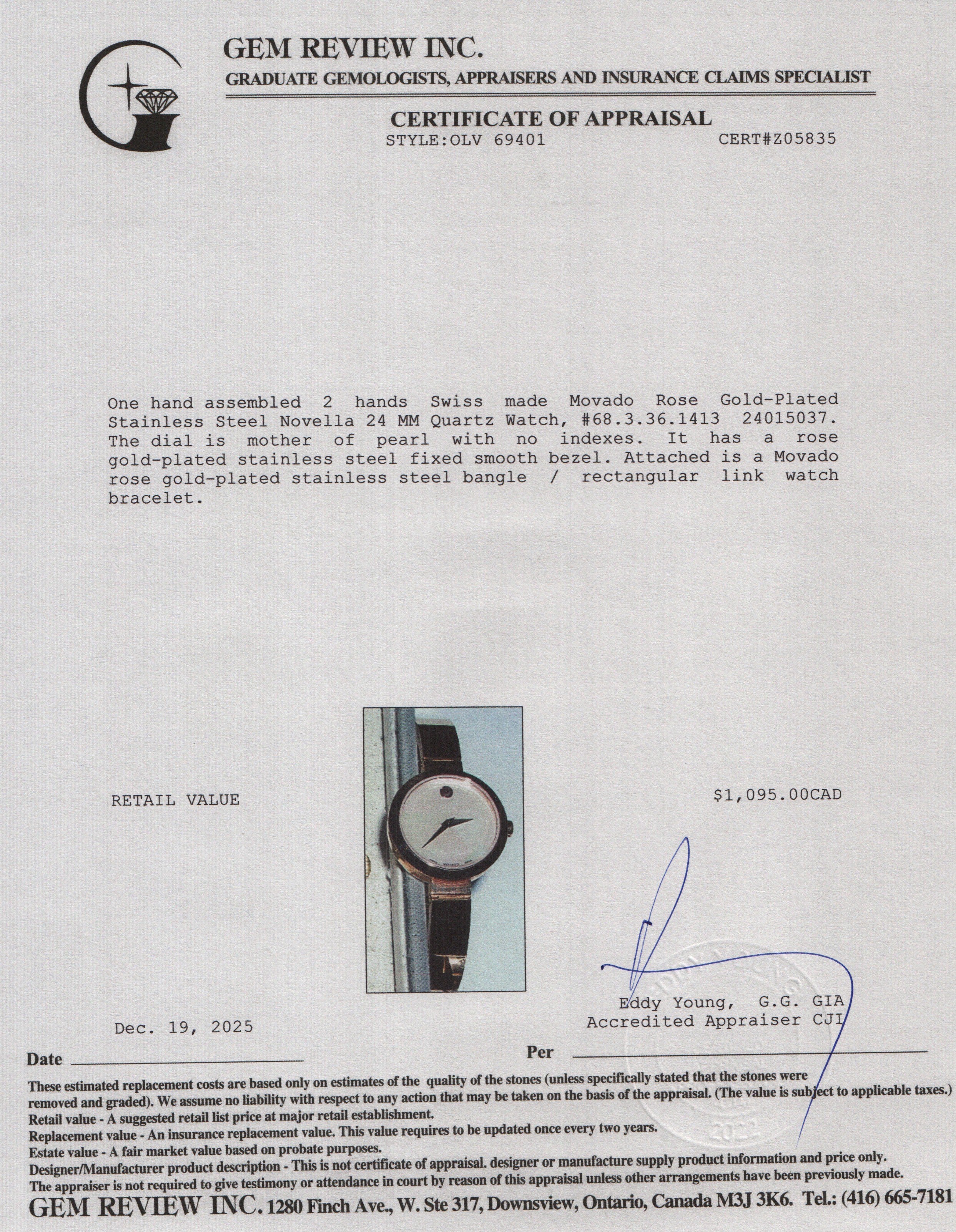 Movado Rose Gold-Plated Stainless Steel Novella 24 MM Quartz Watch Mother of Pearl Dial w/ Box