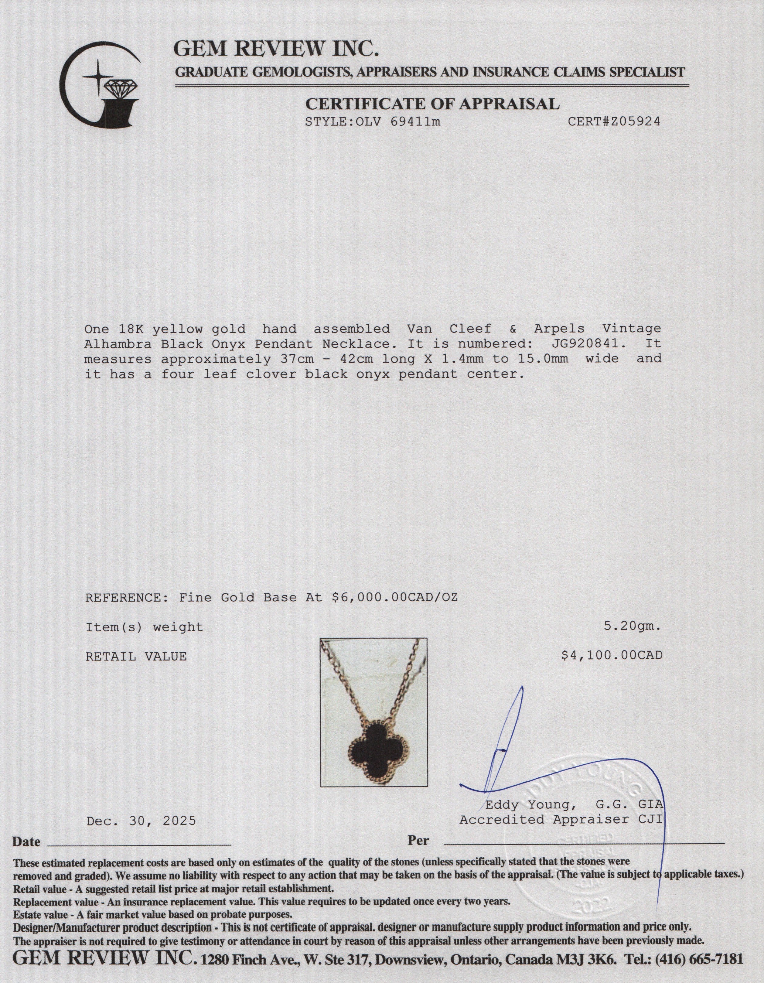 Van Cleef & Arpels 2025  18k Yellow Gold Vintage Alhambra Black Onyx Pendant Necklace w/ Box, Receipt & Certificate