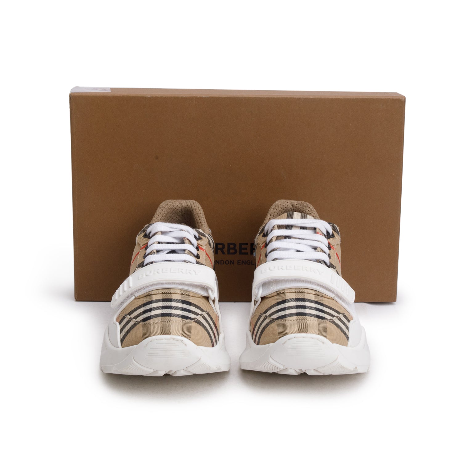 Burberry White House Check and Leather Low Top Sneakers, Size 41 w/ Box