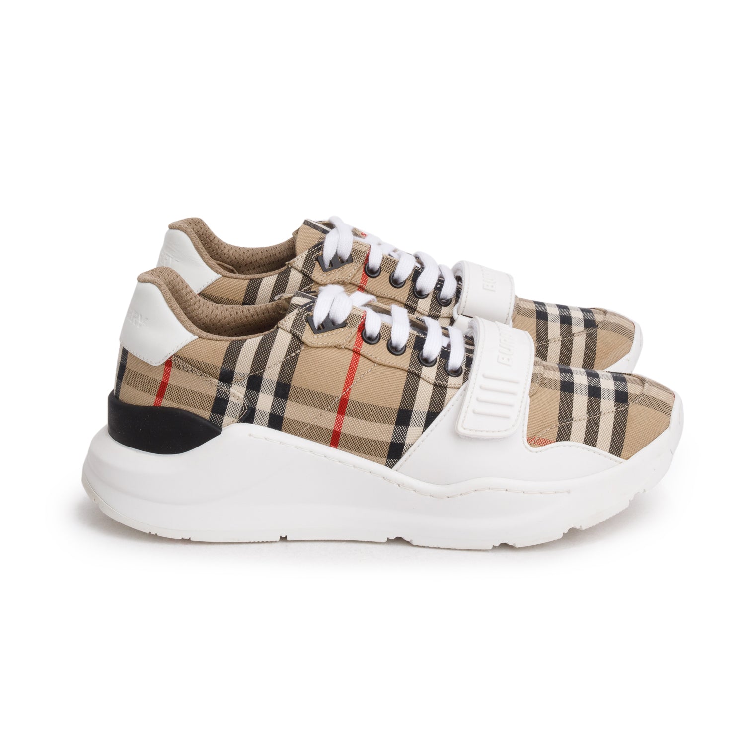 Burberry White House Check and Leather Low Top Sneakers, Size 41 w/ Box