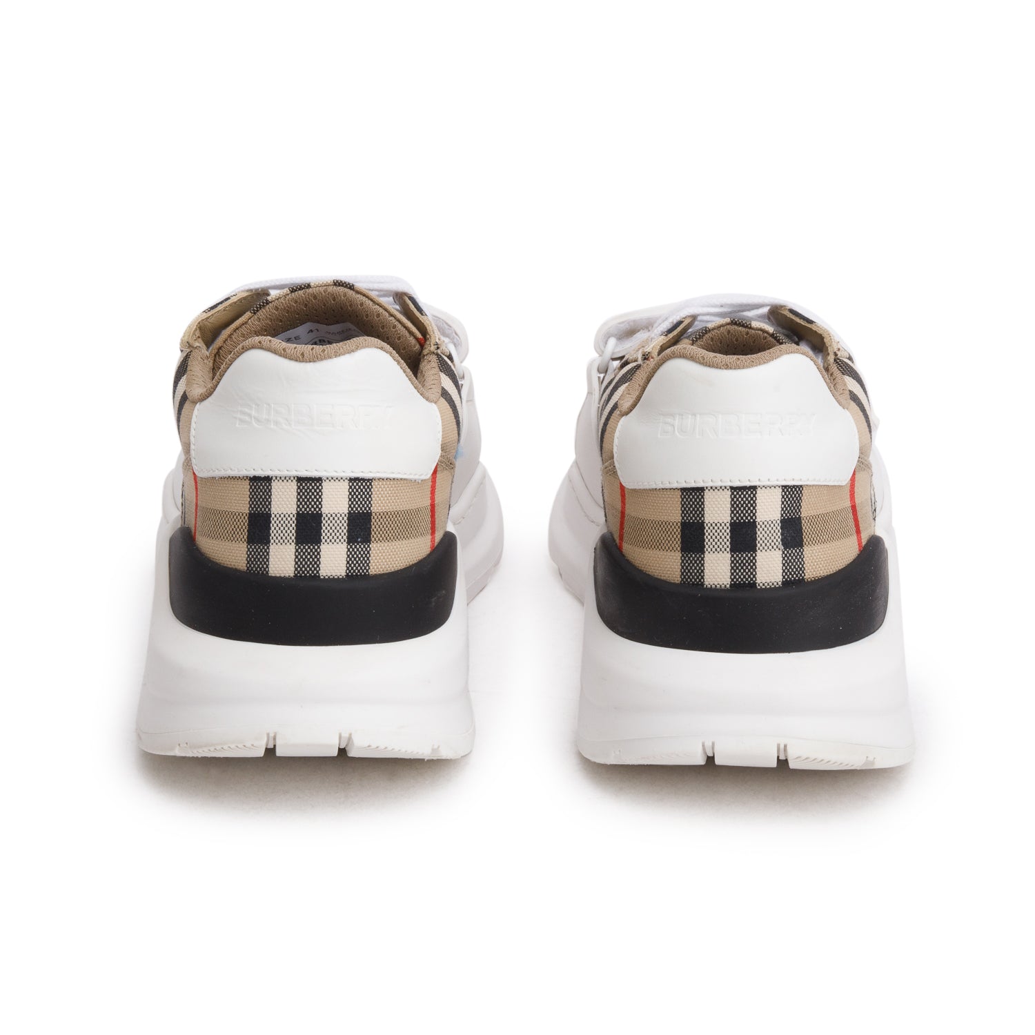 Burberry White House Check and Leather Low Top Sneakers, Size 41 w/ Box