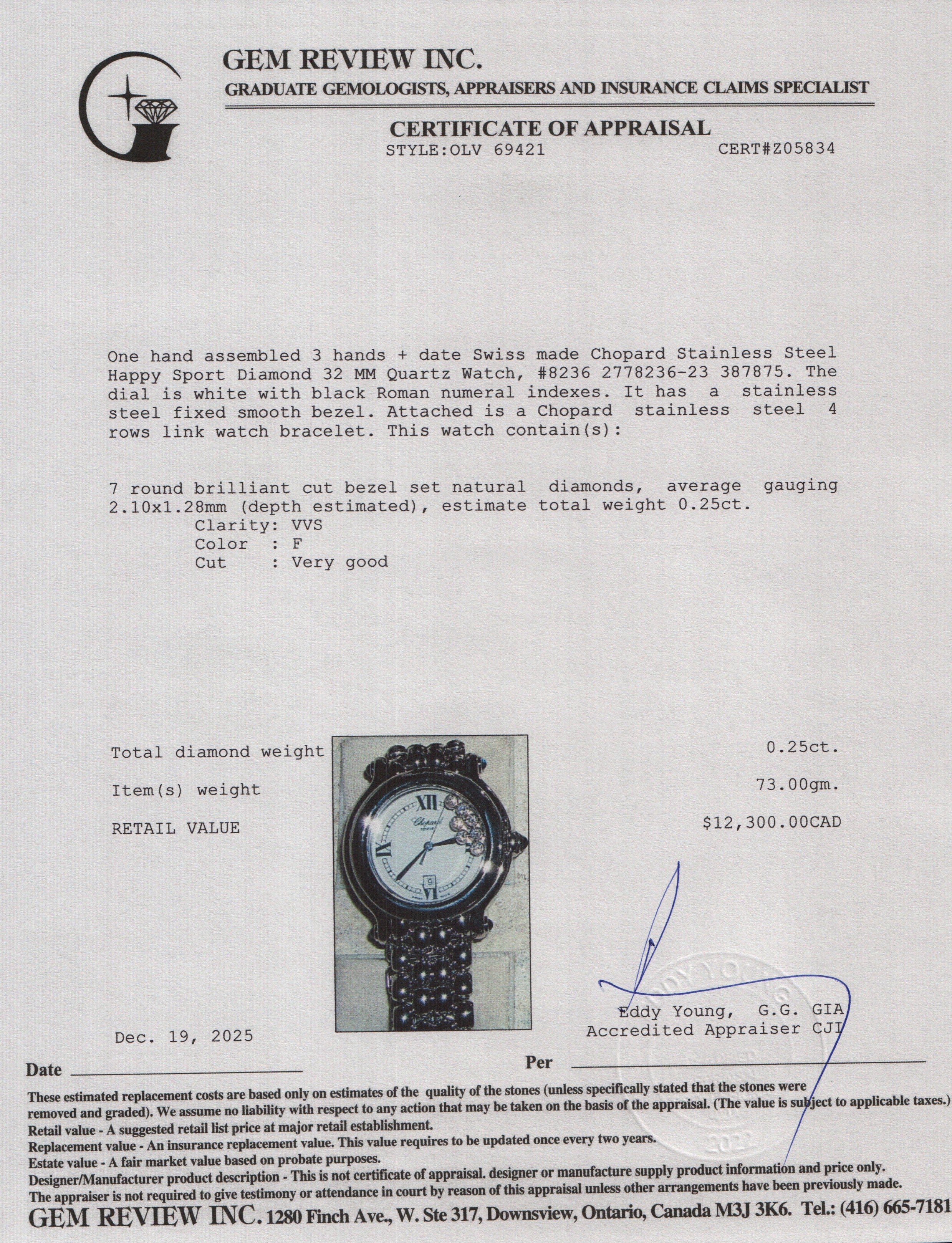 Chopard Stainless Steel Happy Sport Diamond 32 MM Quartz Watch