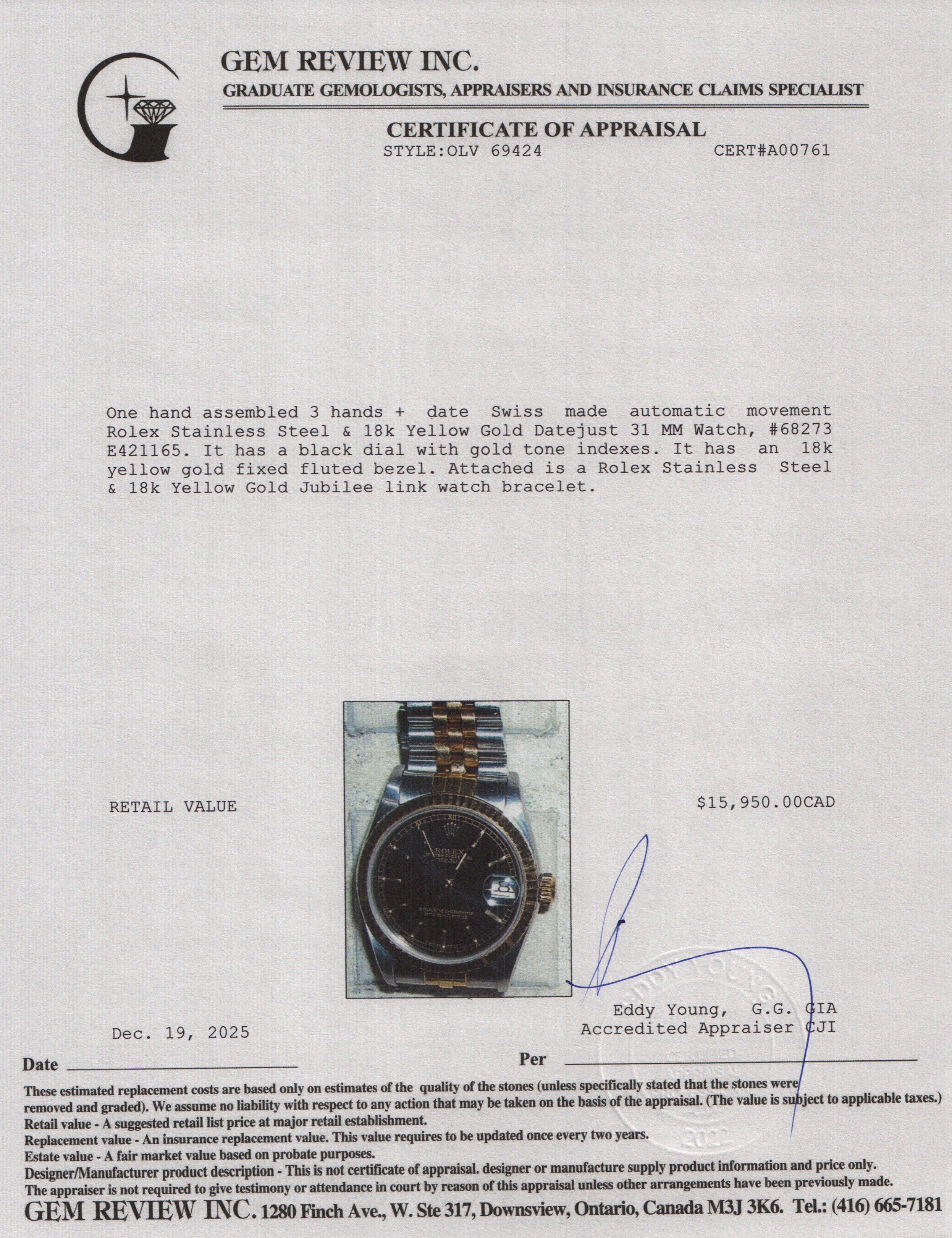 Rolex Stainless Steel & 18k Yellow Gold Datejust 31 MM Automatic Watch Black Dial 68273 w/ Box