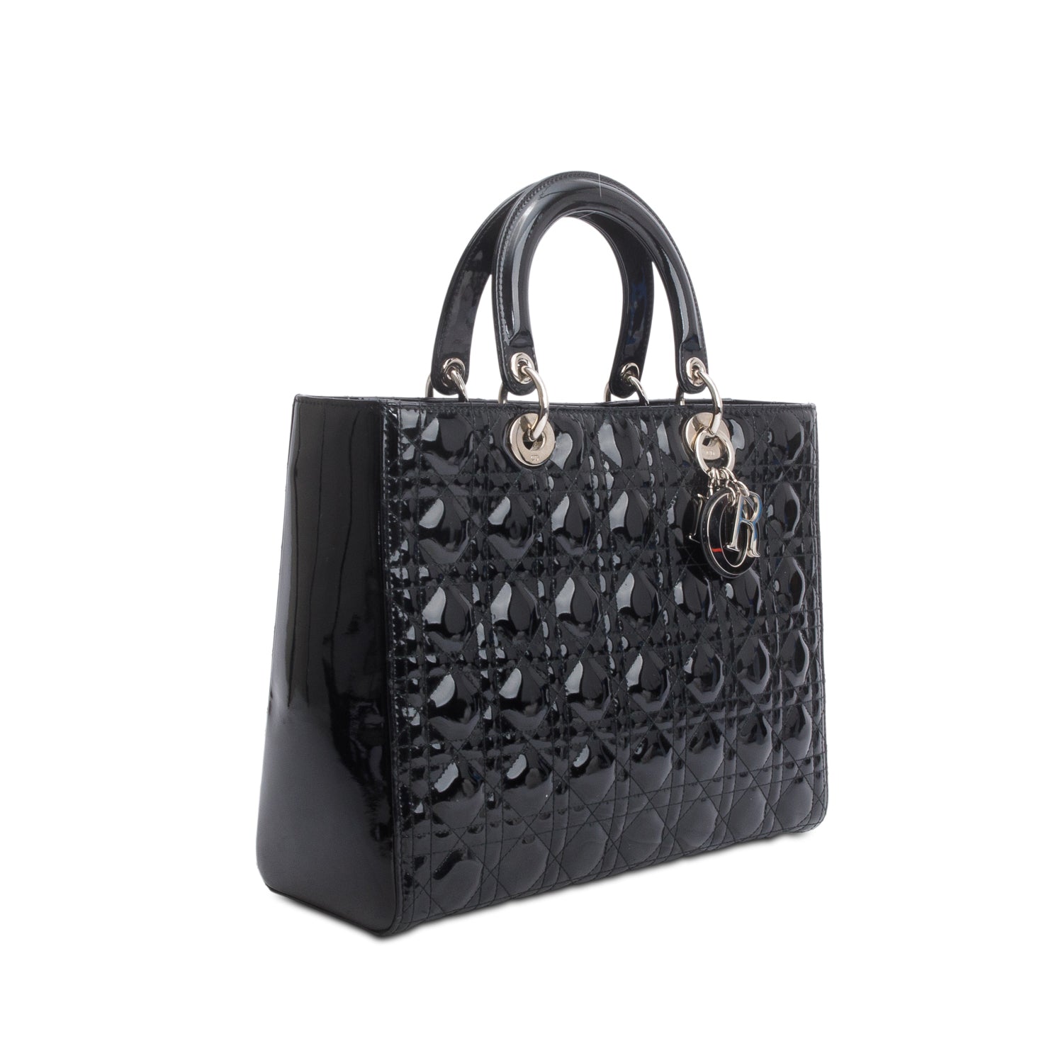 Christian Dior Black Cannage Patent Leather Large Lady Dior w/ Strap
