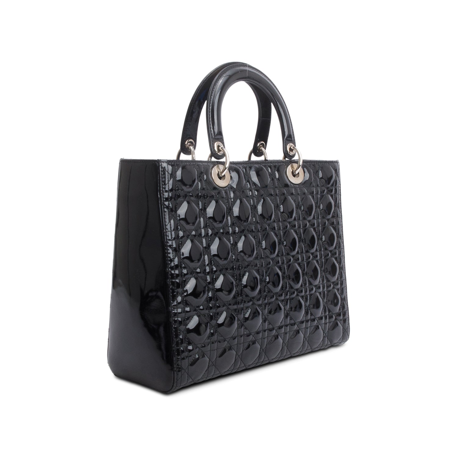 Christian Dior Black Cannage Patent Leather Large Lady Dior w/ Strap