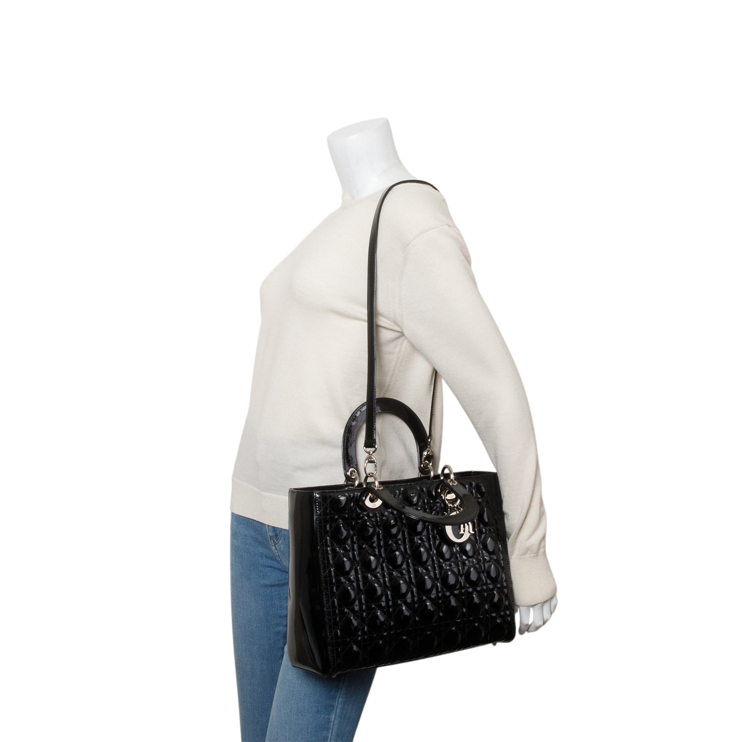 Christian Dior Black Cannage Patent Leather Large Lady Dior w/ Strap
